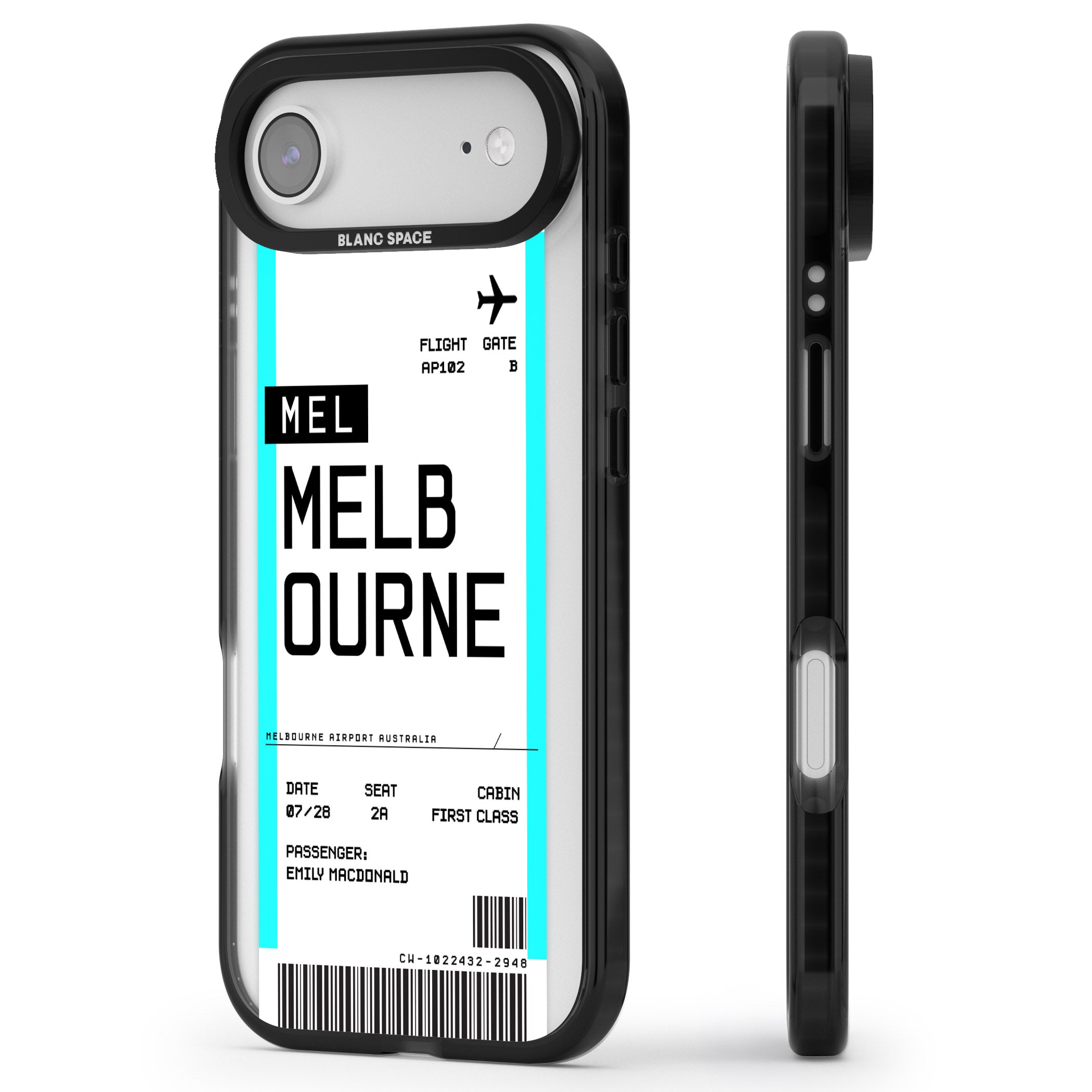 Personalised Melbourne Boarding Pass iPhone 17 Air Impact Pro Black Phone Case Side Profile