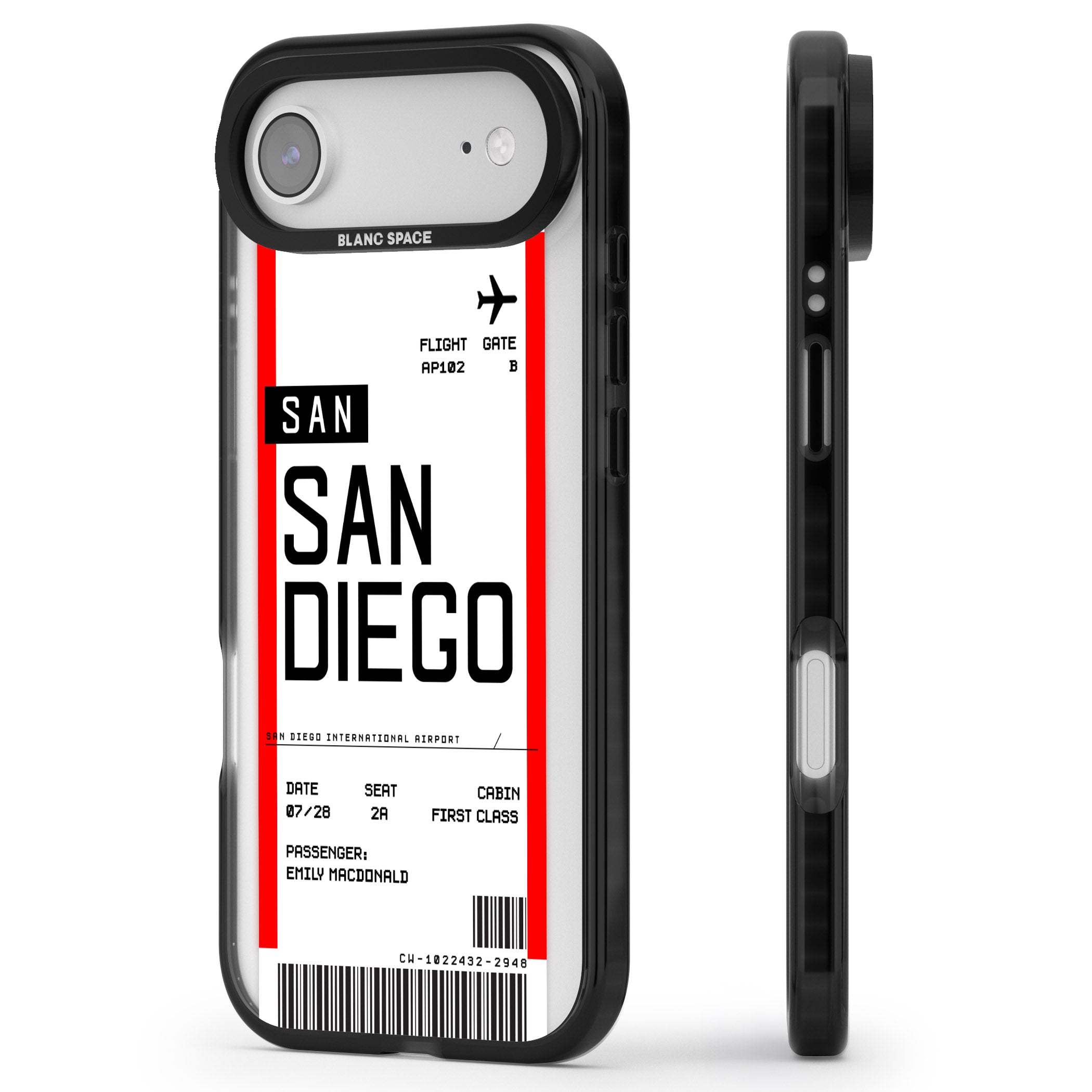 Personalised San Diego Boarding Pass iPhone 17 Air Impact Pro Black Phone Case Side Profile