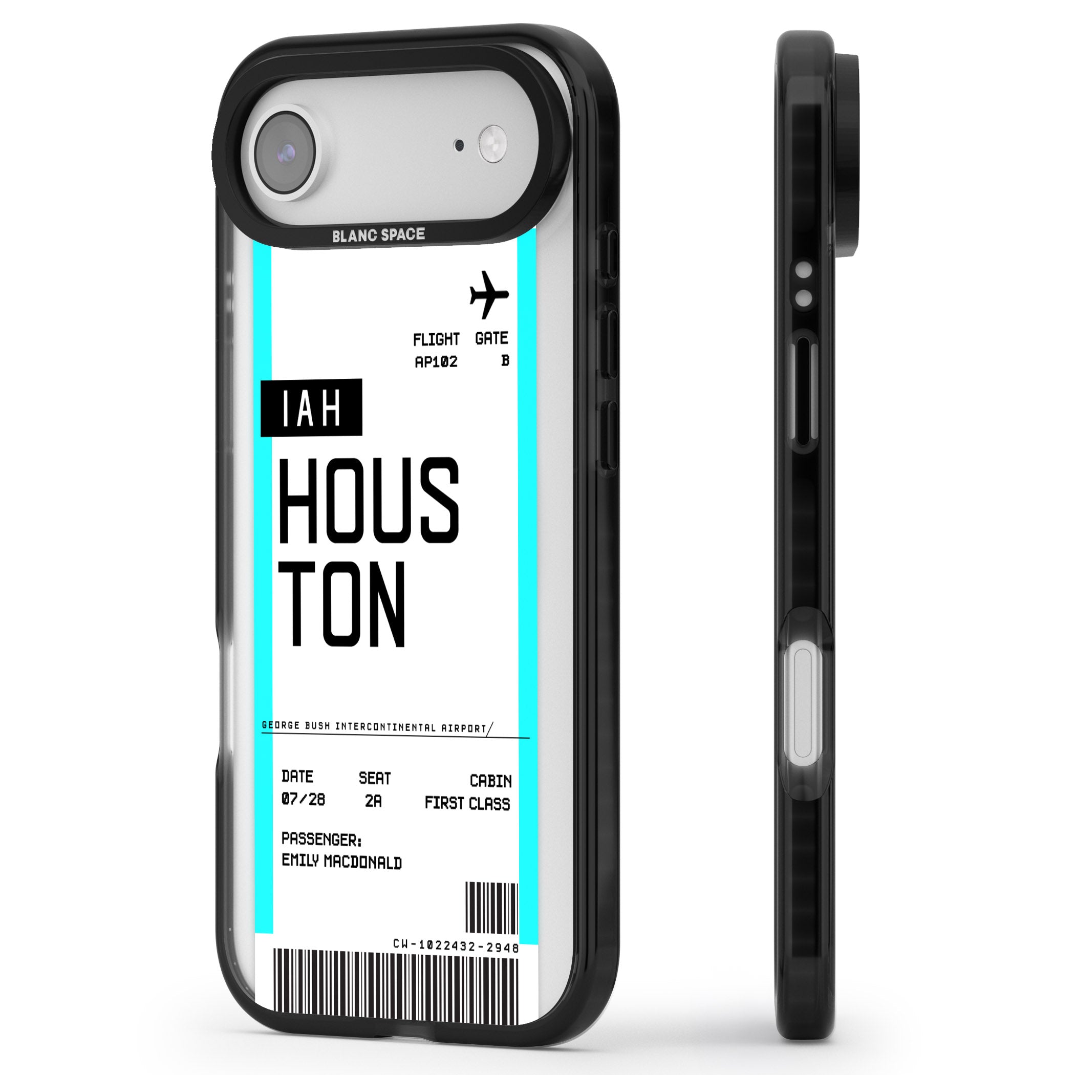 Personalised Houston Boarding Pass iPhone 17 Air Impact Pro Black Phone Case Side Profile