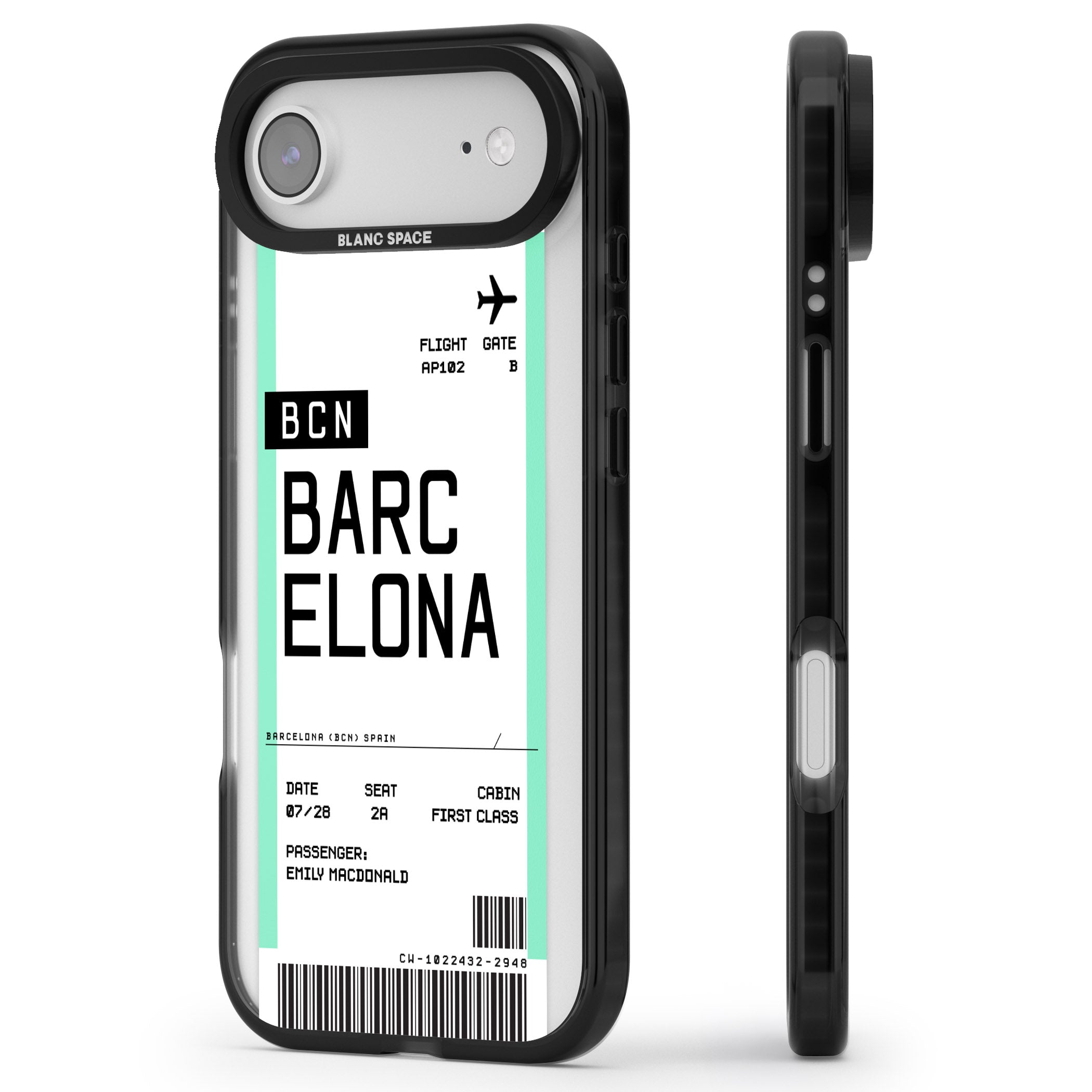Personalised Barcelona Boarding Pass iPhone 17 Air Impact Pro Black Phone Case Side Profile