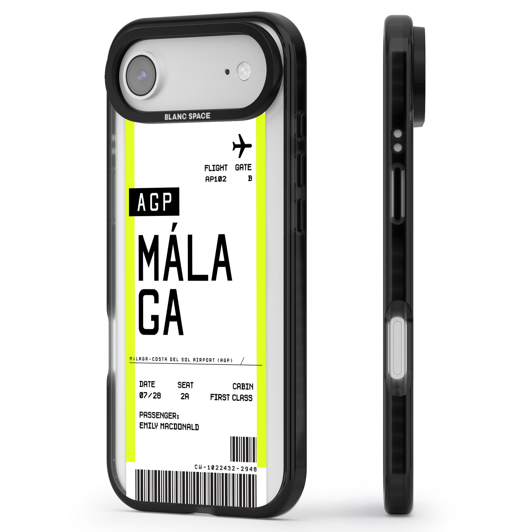 Personalised Málaga Boarding Pass iPhone 17 Air Impact Pro Black Phone Case Side Profile