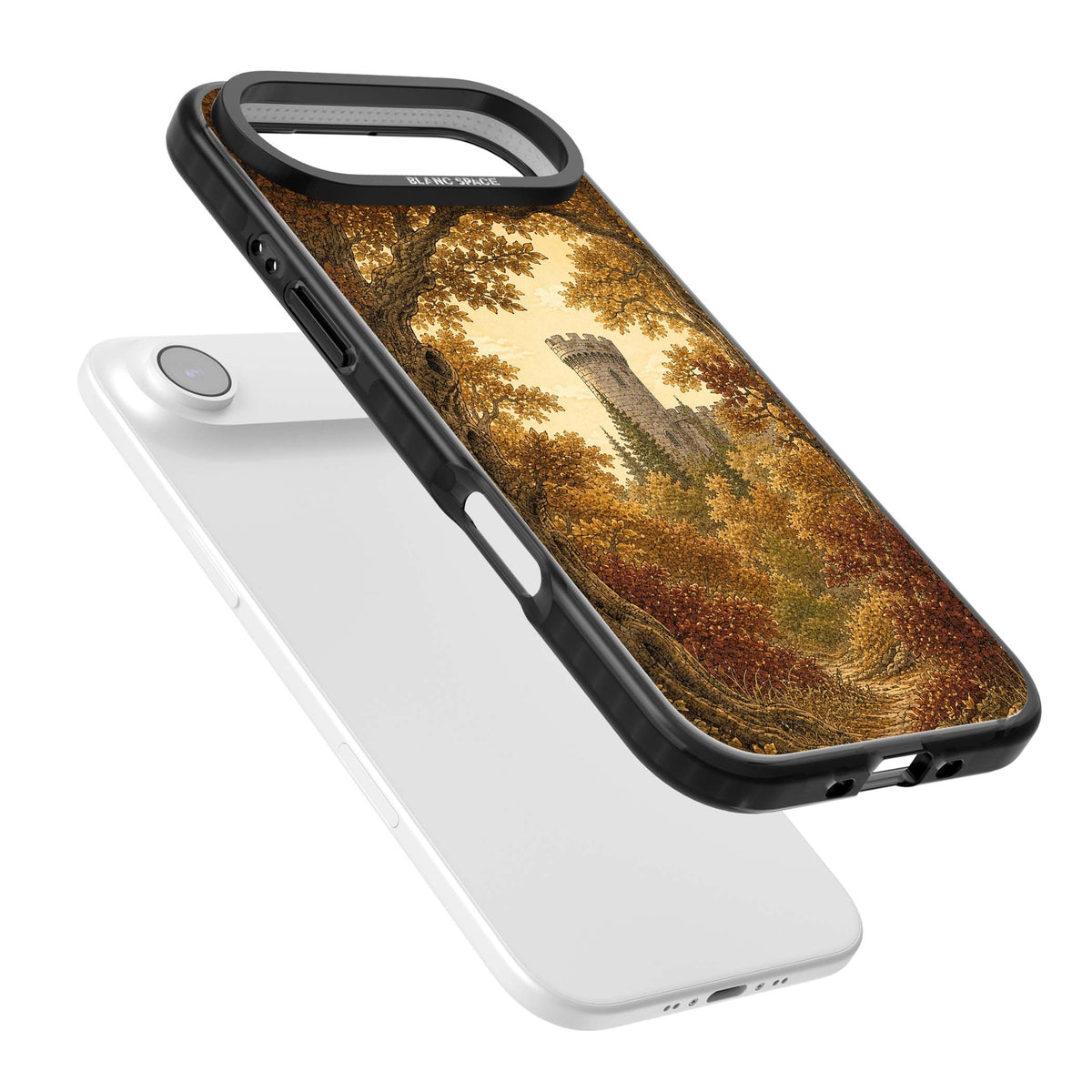 Autumn Keep cottagecore iPhone case featuring a medieval castle tower framed by golden autumn trees and woodland foliage | Black Impact Magsafe case for iPhone Air