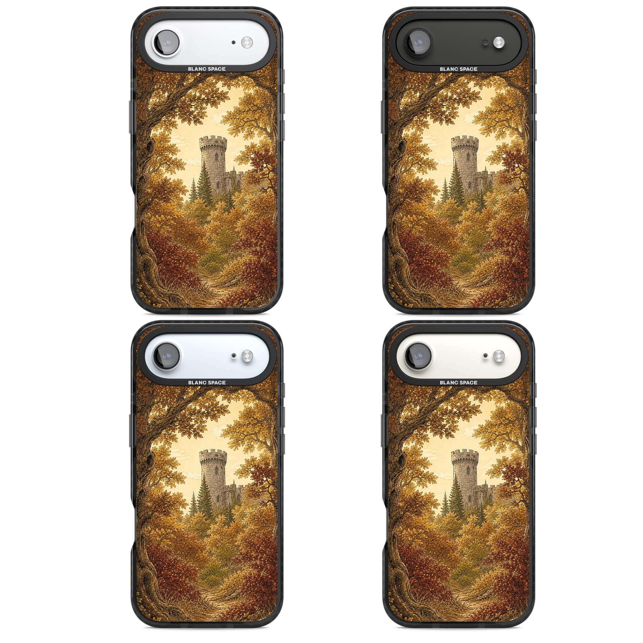 Autumn Keep cottagecore iPhone case featuring a medieval castle tower framed by golden autumn trees and woodland foliage | Black Impact Magsafe case for iPhone Air