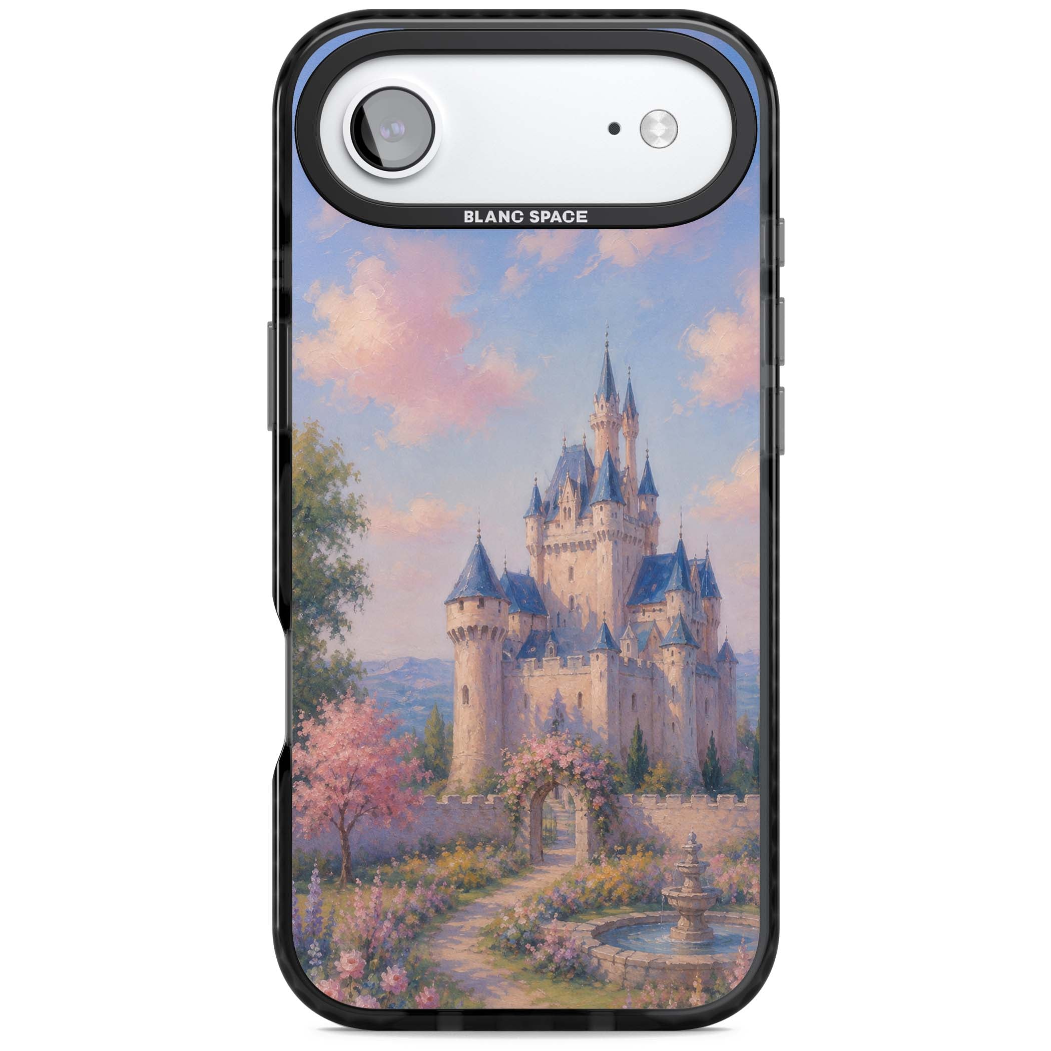 Enchanted Kingdom fairytale iPhone case featuring a romantic castle painting with cherry blossoms and pastel pink sky | Black Impact Magsafe case for iPhone Air