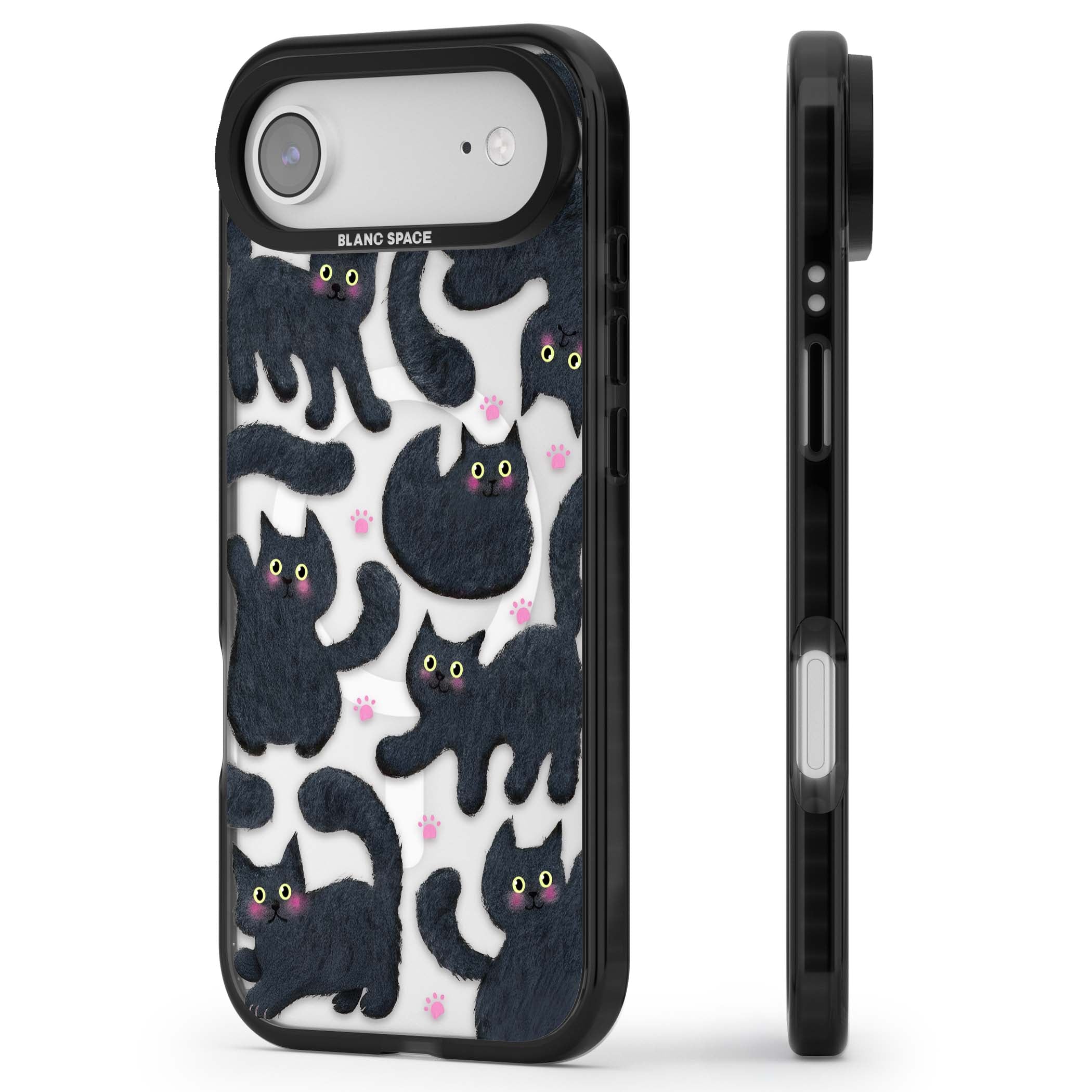 Midnight Cats cute iPhone case featuring black cat pattern with yellow eyes and pink paw prints | Black Impact Magsafe case for iPhone Air