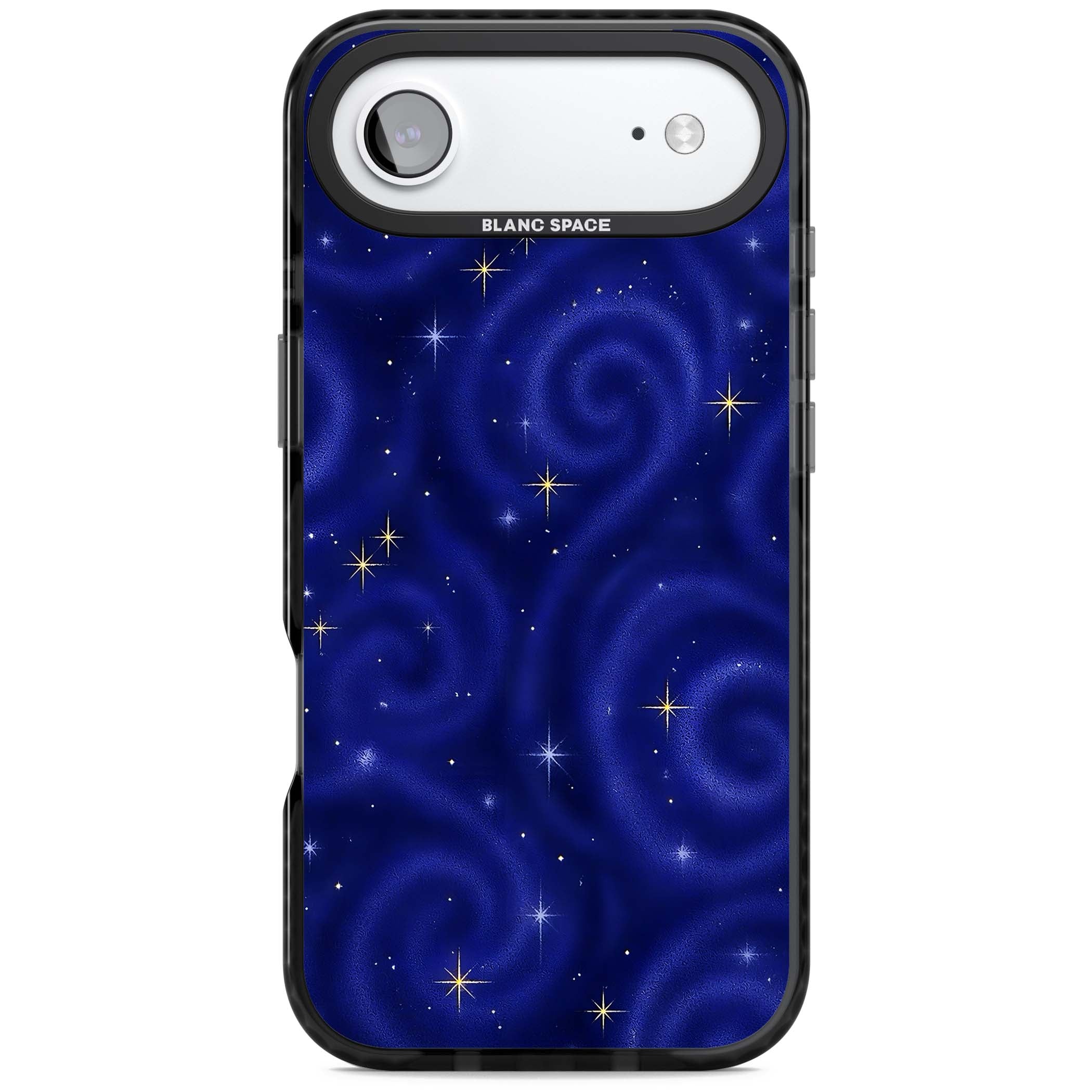 Indigo Cosmos celestial iPhone case featuring swirling navy night sky and sparkling golden stars | Black Impact Magsafe case for iPhone Air