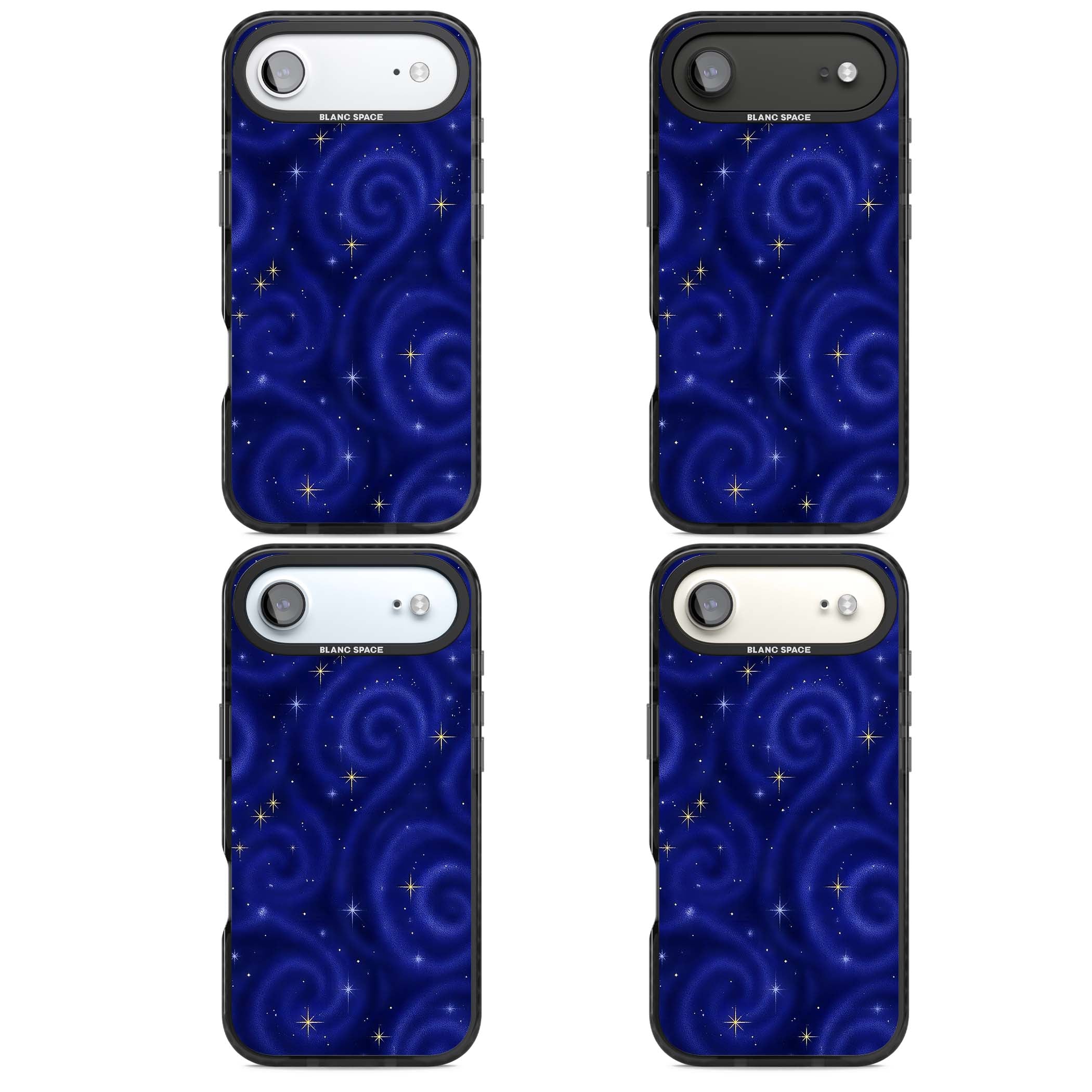 Indigo Cosmos celestial iPhone case featuring swirling navy night sky and sparkling golden stars | Black Impact Magsafe case for iPhone Air