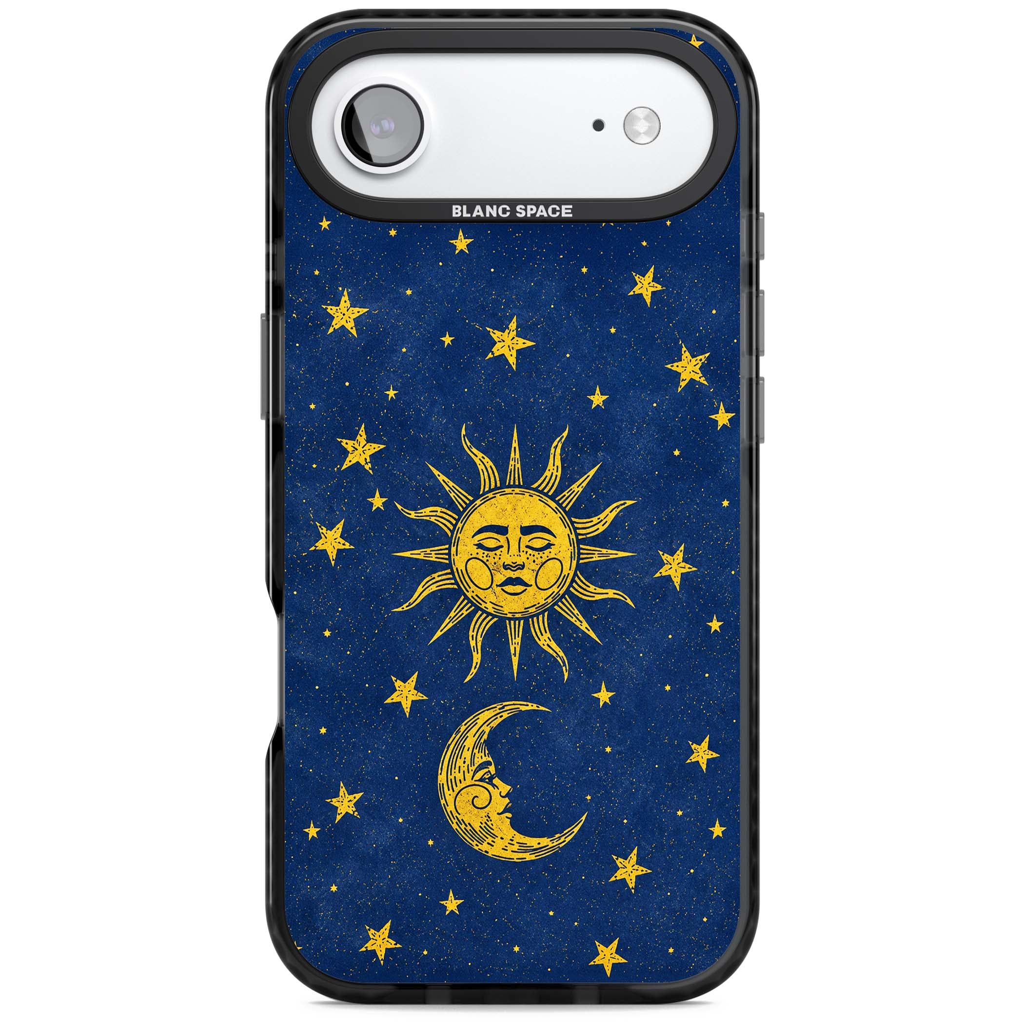 Sun & Moon Reverie celestial iPhone case featuring a vintage golden sun, crescent moon and scattered stars on midnight blue | Black Impact Magsafe case for iPhone Air