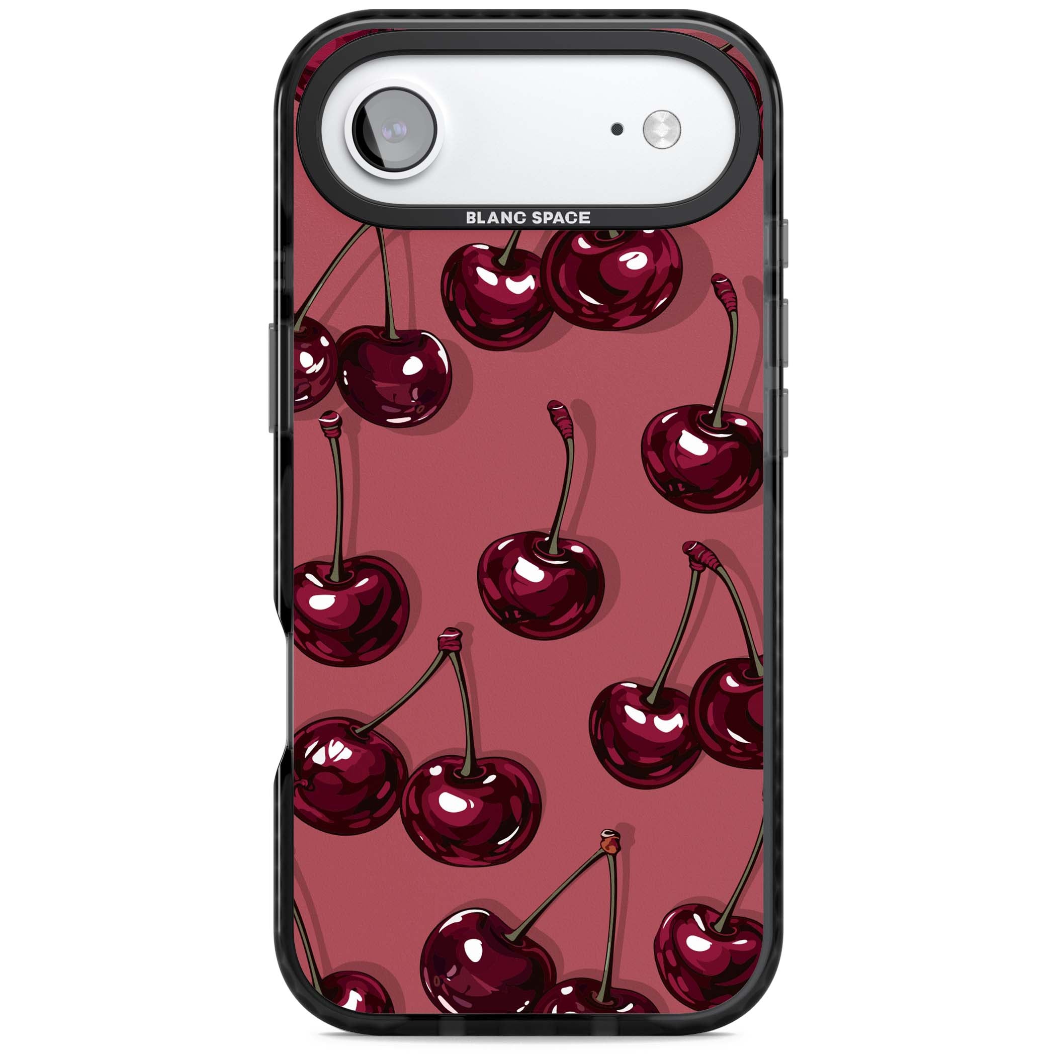Cherry Rebel coquette iPhone case featuring glossy burgundy cherries on a dusty rose background | Black Impact Magsafe case for iPhone Air