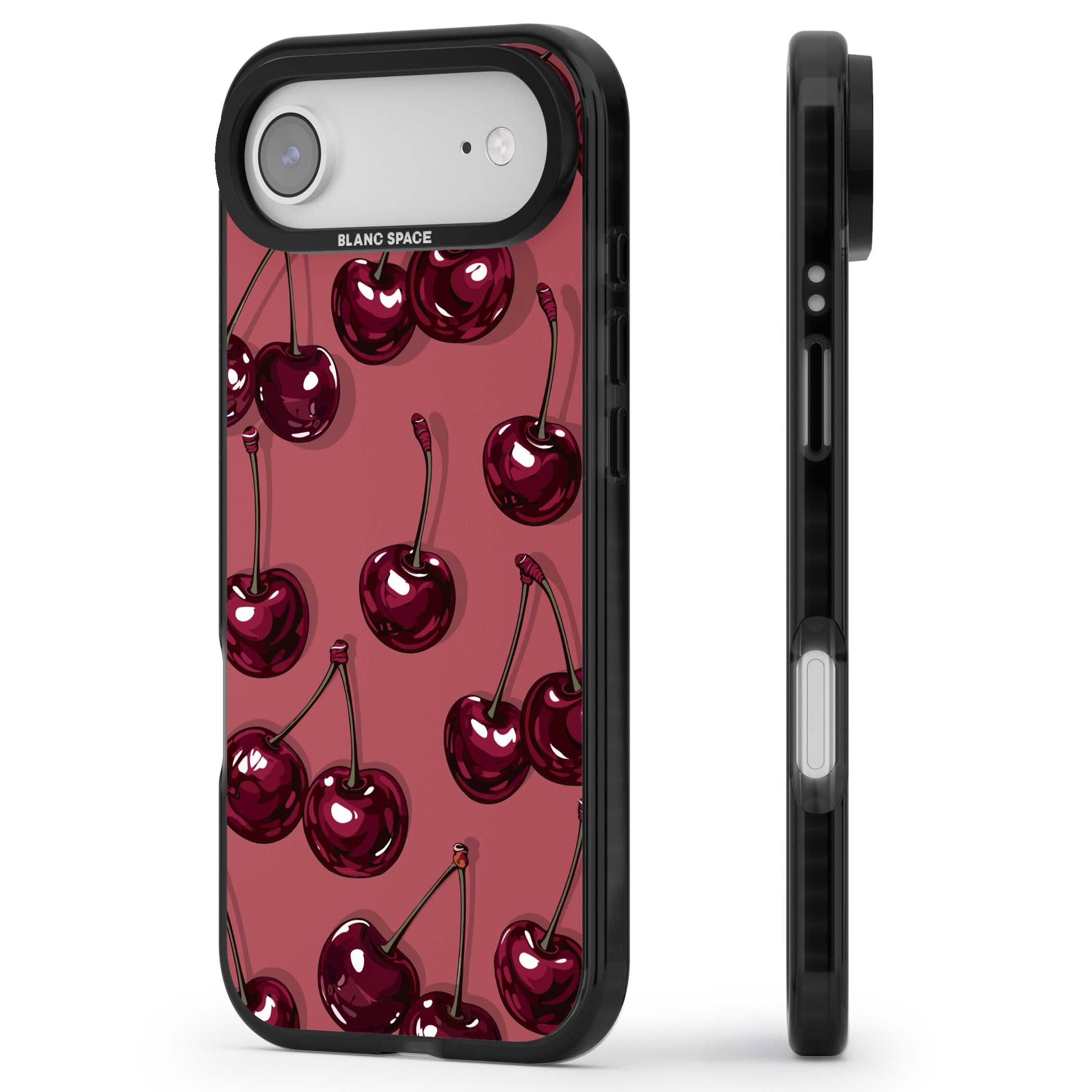 Cherry Rebel coquette iPhone case featuring glossy burgundy cherries on a dusty rose background | Black Impact Magsafe case for iPhone Air