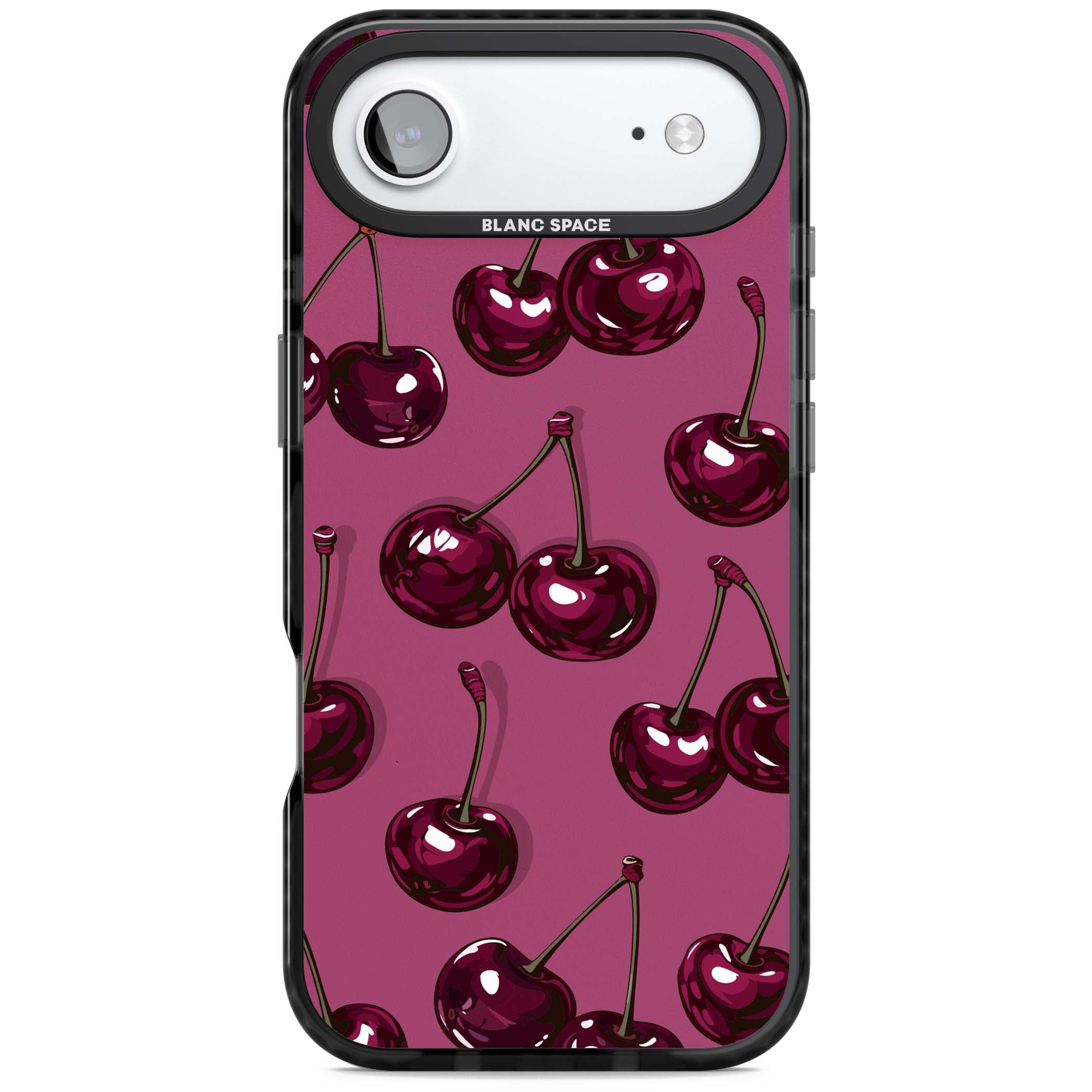 Cherry Soda coquette iPhone case featuring glossy burgundy cherries on a dusty pink background | Black Impact Magsafe case for iPhone Air