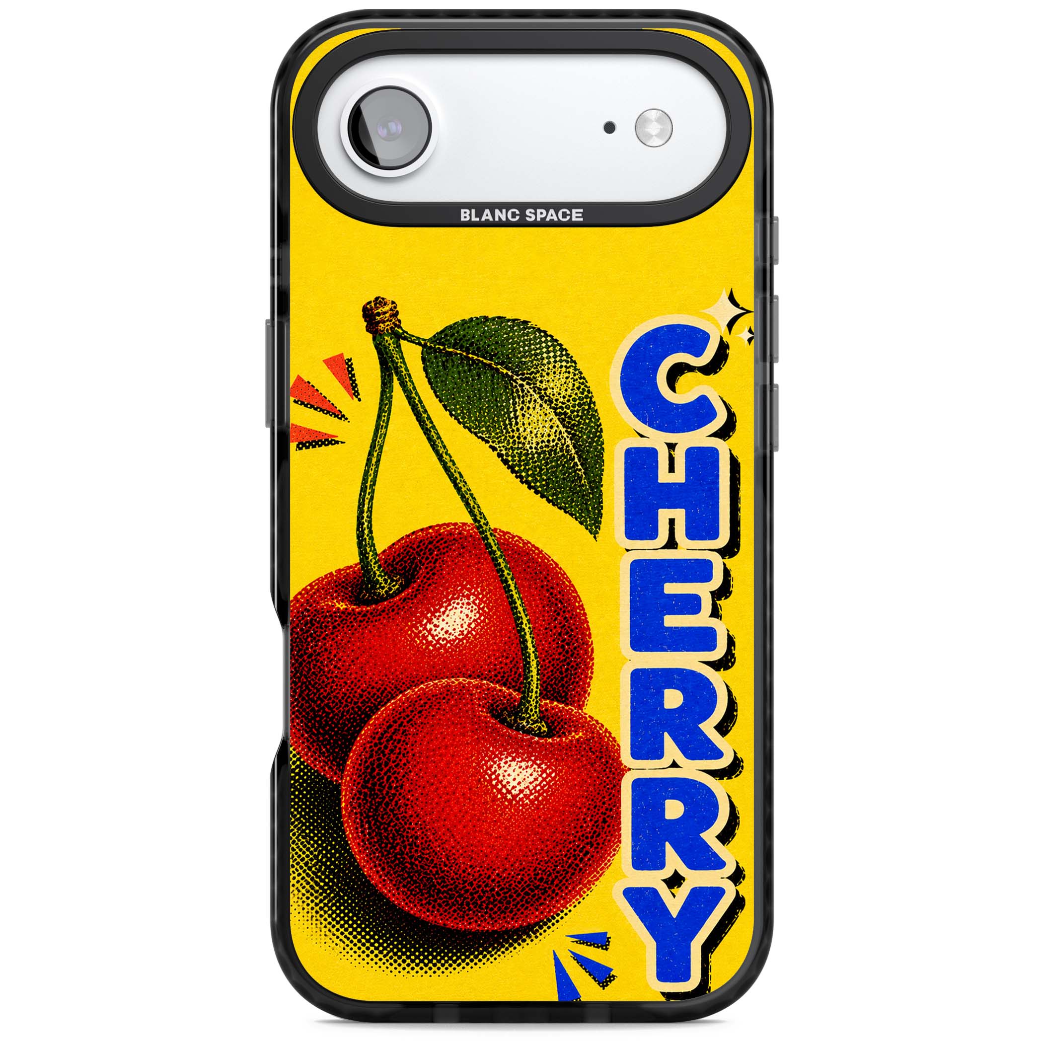 Cherry Yellow y2k iPhone case featuring two red cherries, halftone shading and bold blue CHERRY lettering on yellow | Black Impact Magsafe case for iPhone Air