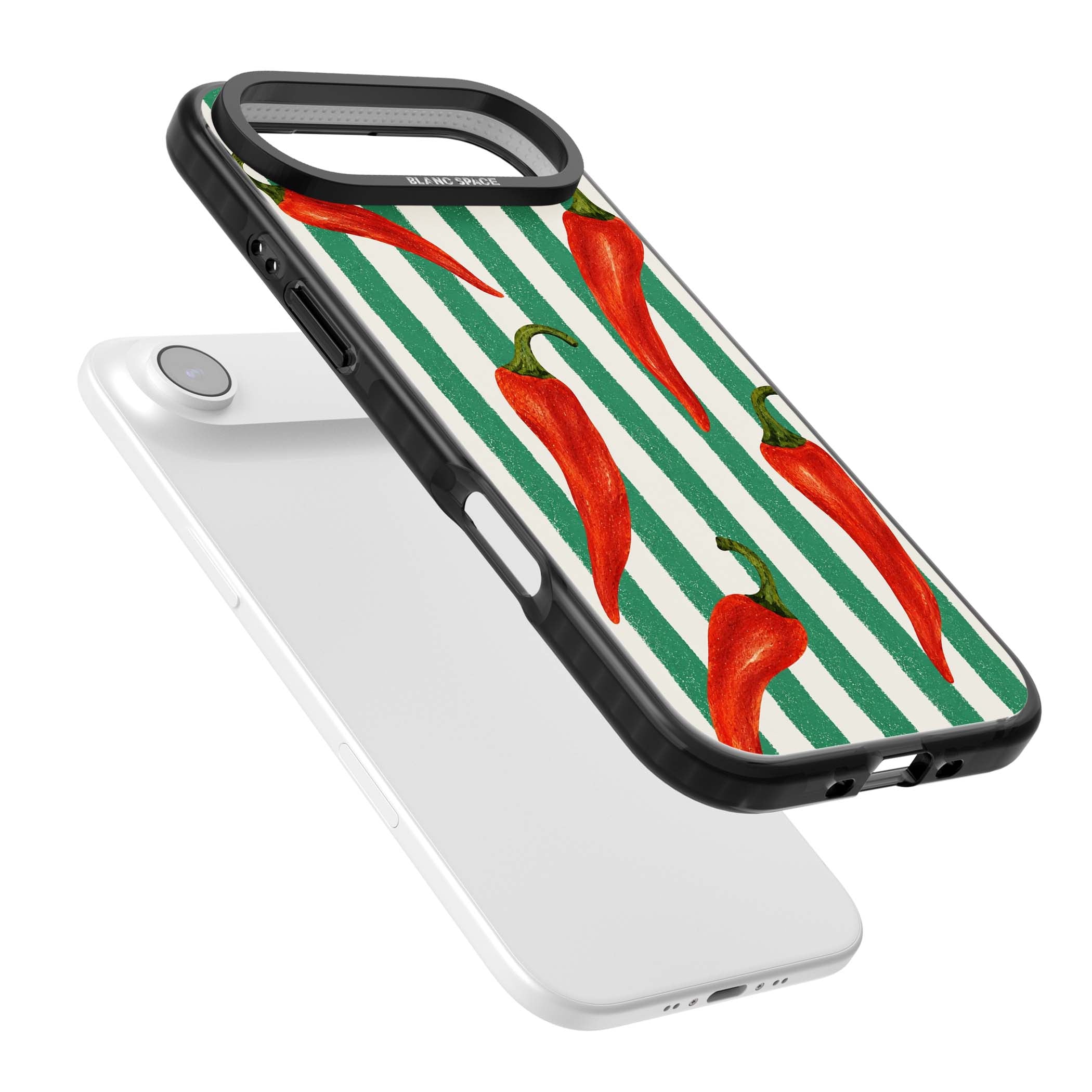 Striped Chillis coastal iPhone case featuring hand-painted red chili peppers on green and cream stripes | Black Impact Magsafe case for iPhone Air