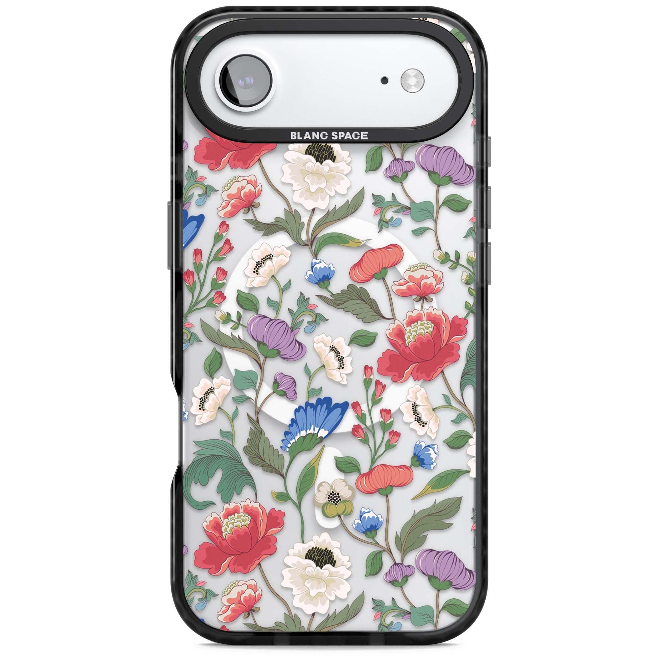 Chinoiserie Bloom vintage floral iPhone case featuring hand-painted peonies, poppies and trailing wildflowers on clear... | Black Impact Magsafe case for iPhone Air