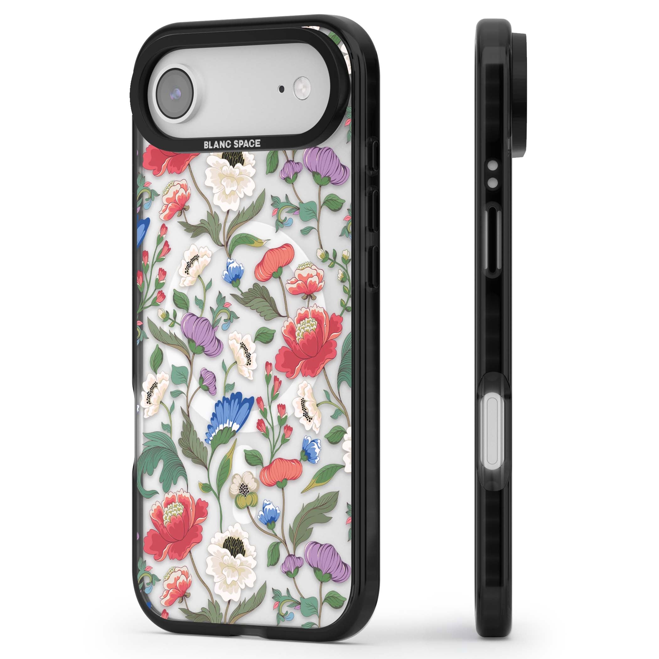 Chinoiserie Bloom vintage floral iPhone case featuring hand-painted peonies, poppies and trailing wildflowers on clear... | Black Impact Magsafe case for iPhone Air