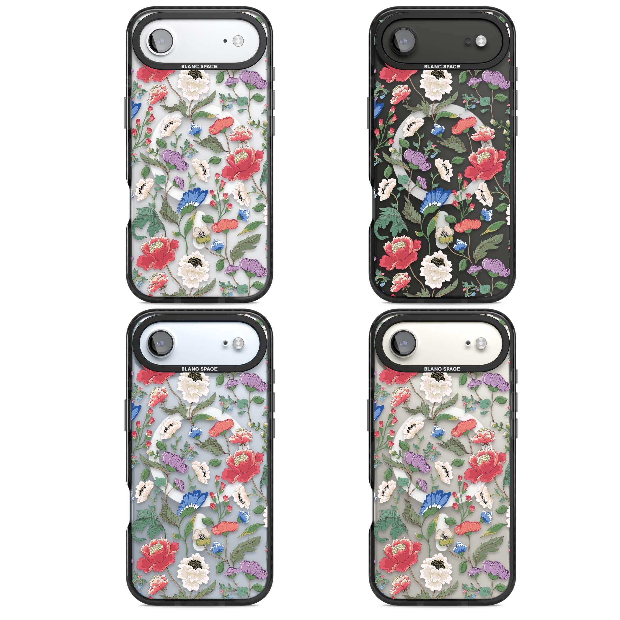 Chinoiserie Bloom vintage floral iPhone case featuring hand-painted peonies, poppies and trailing wildflowers on clear... | Black Impact Magsafe case for iPhone Air