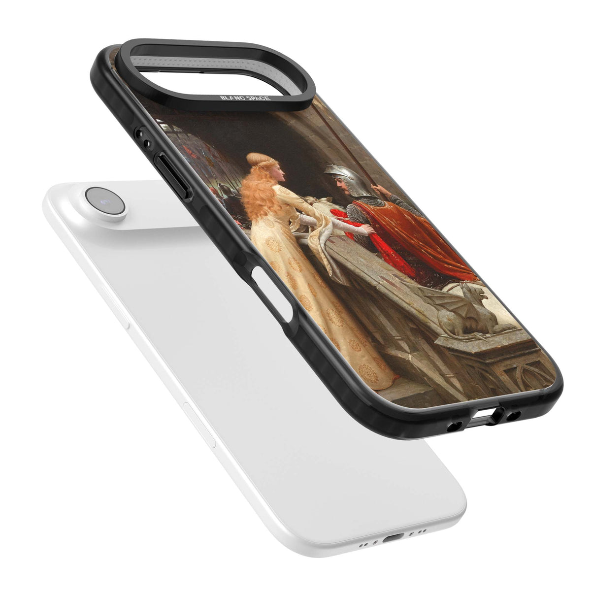 God Speed fine art iPhone case featuring Edmund Blair Leighton's medieval knight and lady beneath a stone archway | Black Impact Magsafe case for iPhone Air