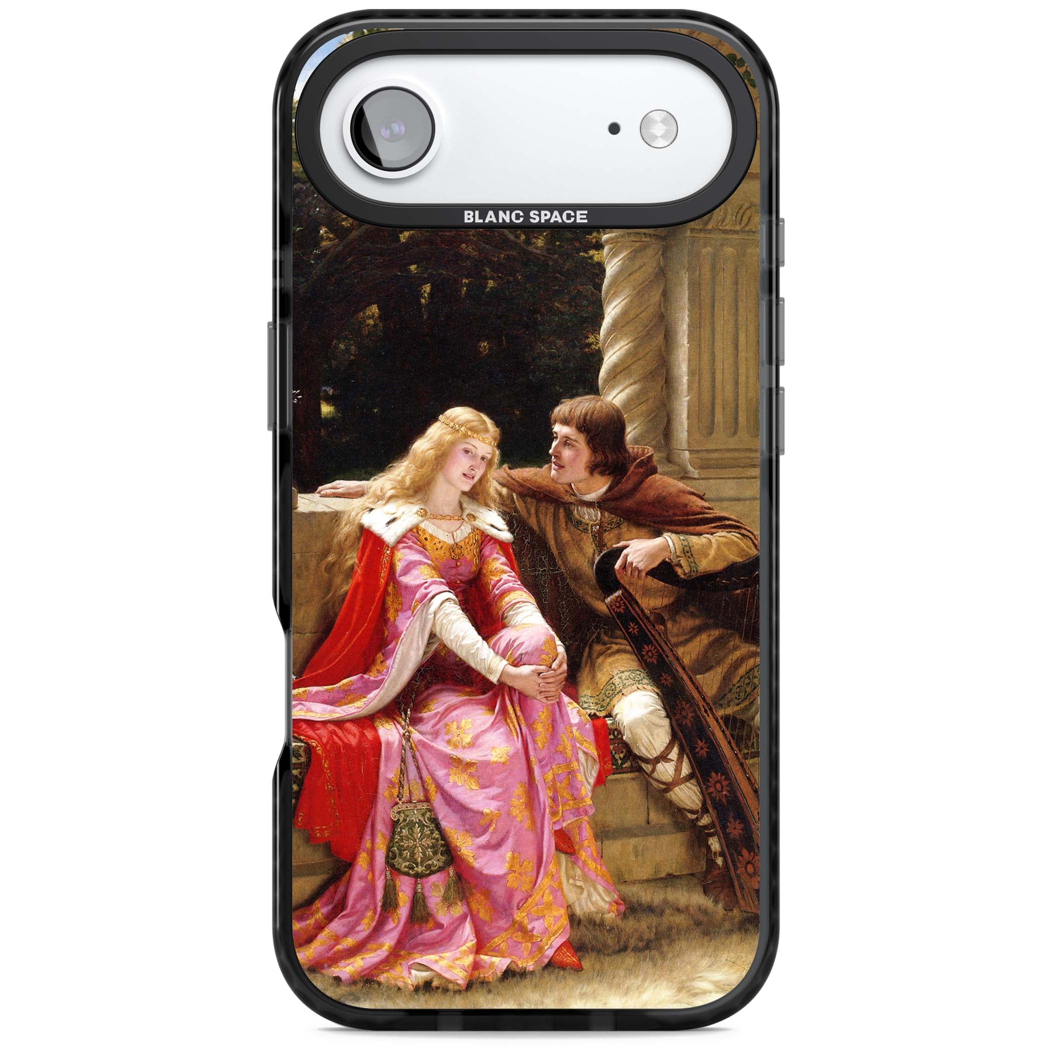 The End of the Song classic art iPhone case featuring a medieval lady in pink gown and her knight in a stone archway | Black Impact Magsafe case for iPhone Air