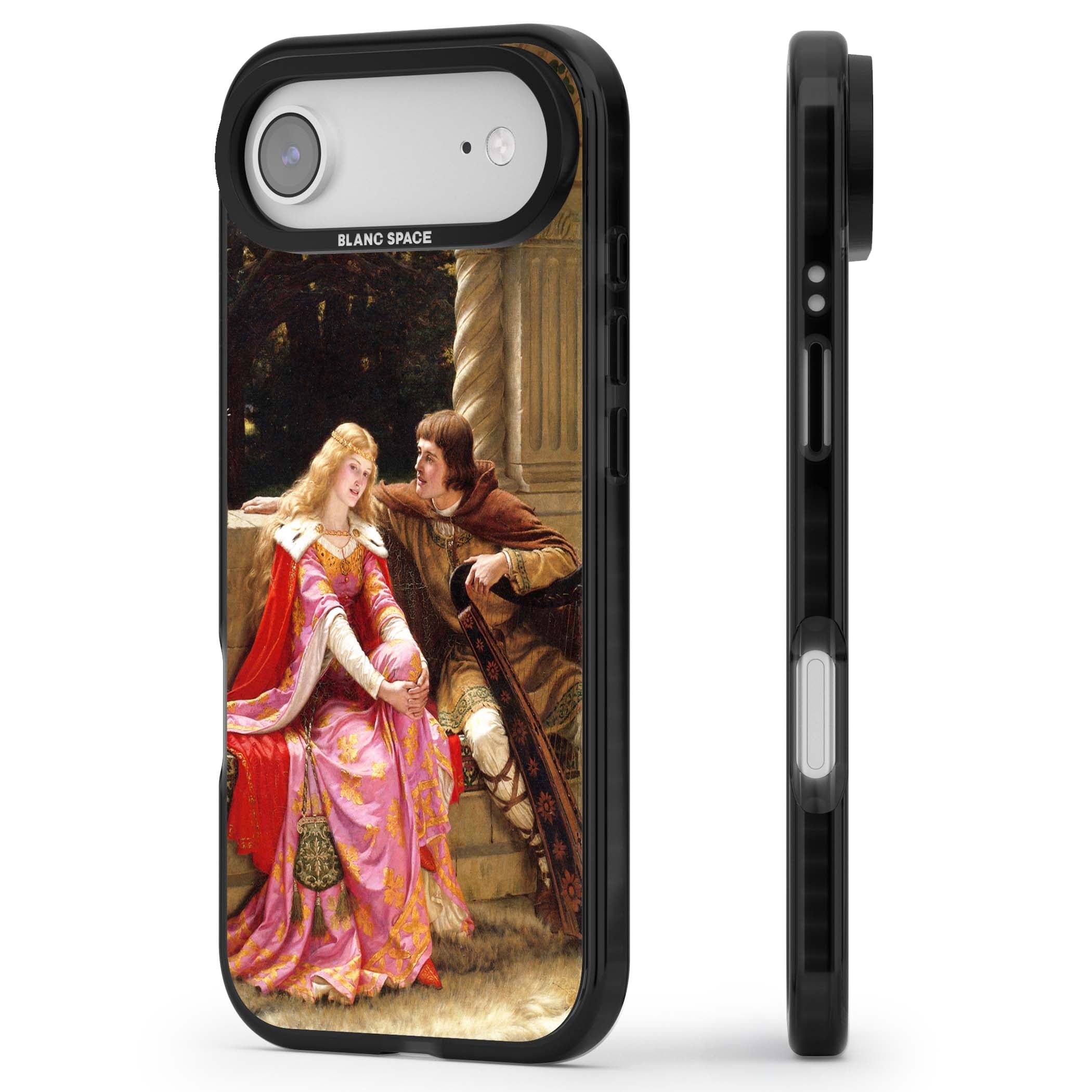 The End of the Song classic art iPhone case featuring a medieval lady in pink gown and her knight in a stone archway | Black Impact Magsafe case for iPhone Air