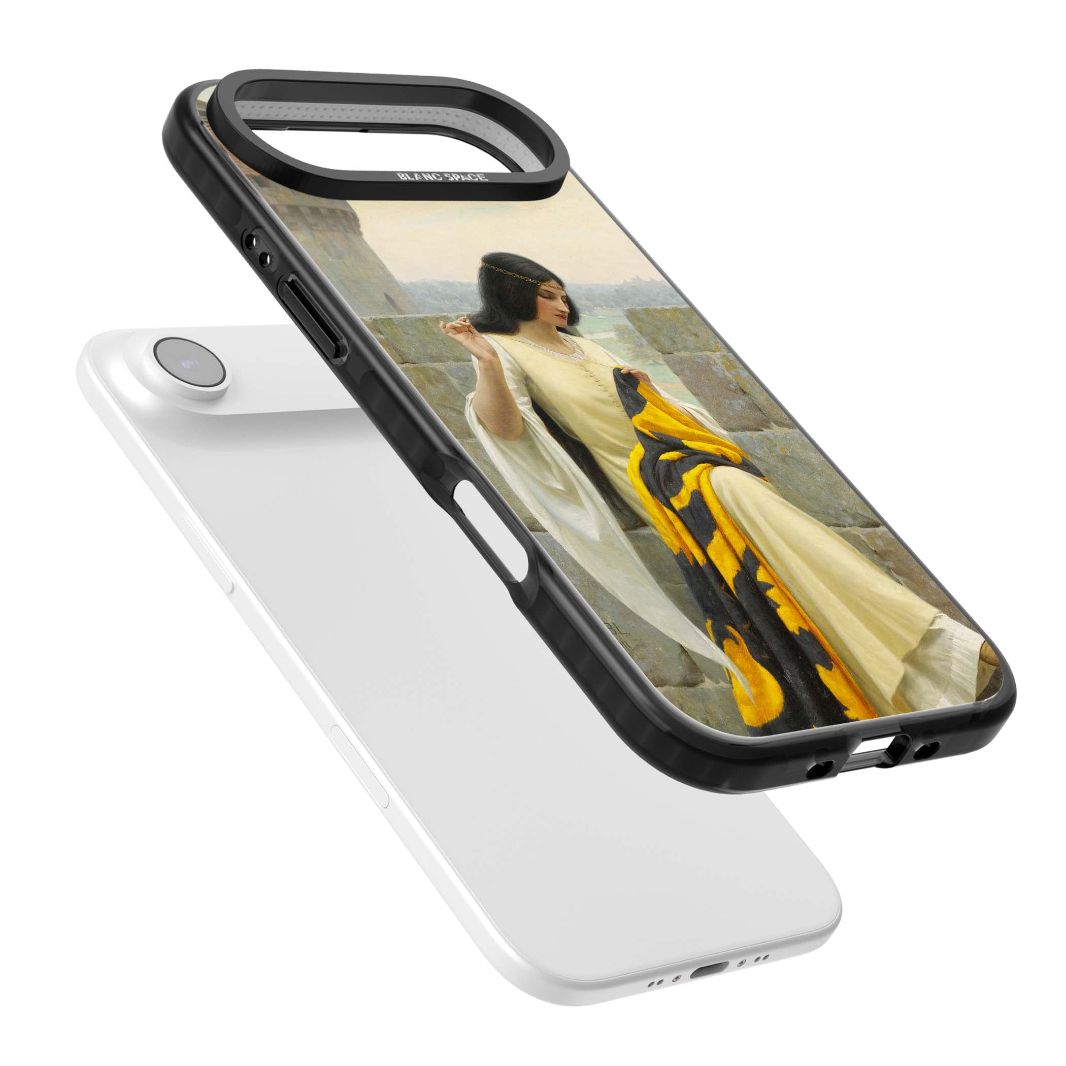 Stitching the Standard renaissance art iPhone case featuring a medieval lady sewing a golden banner on a castle wall | Black Impact Magsafe case for iPhone Air