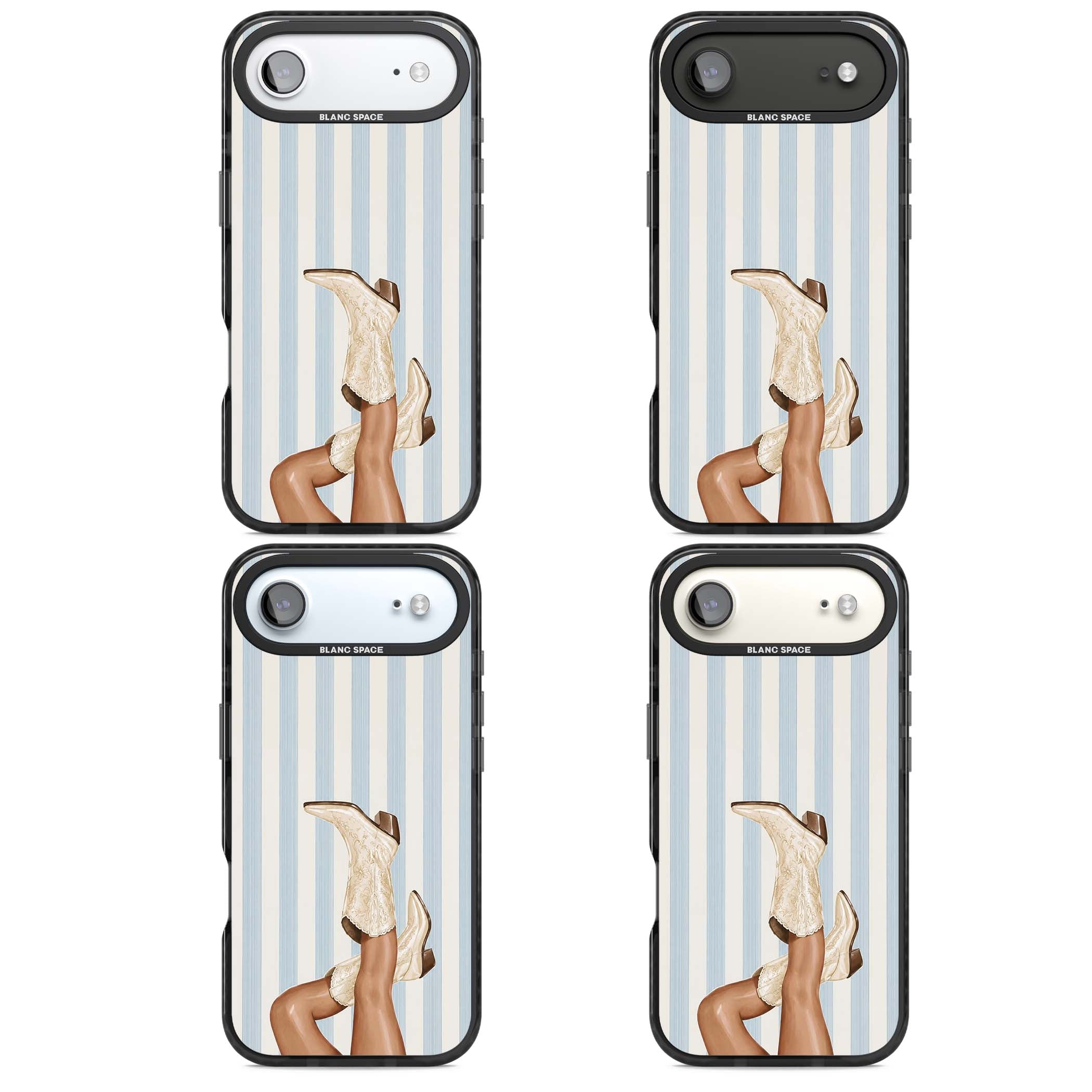 Cowgirl Boots coastal cowgirl iPhone case featuring embroidered western boots, tanned legs and a blue stripe backdrop | Black Impact Magsafe case for iPhone Air