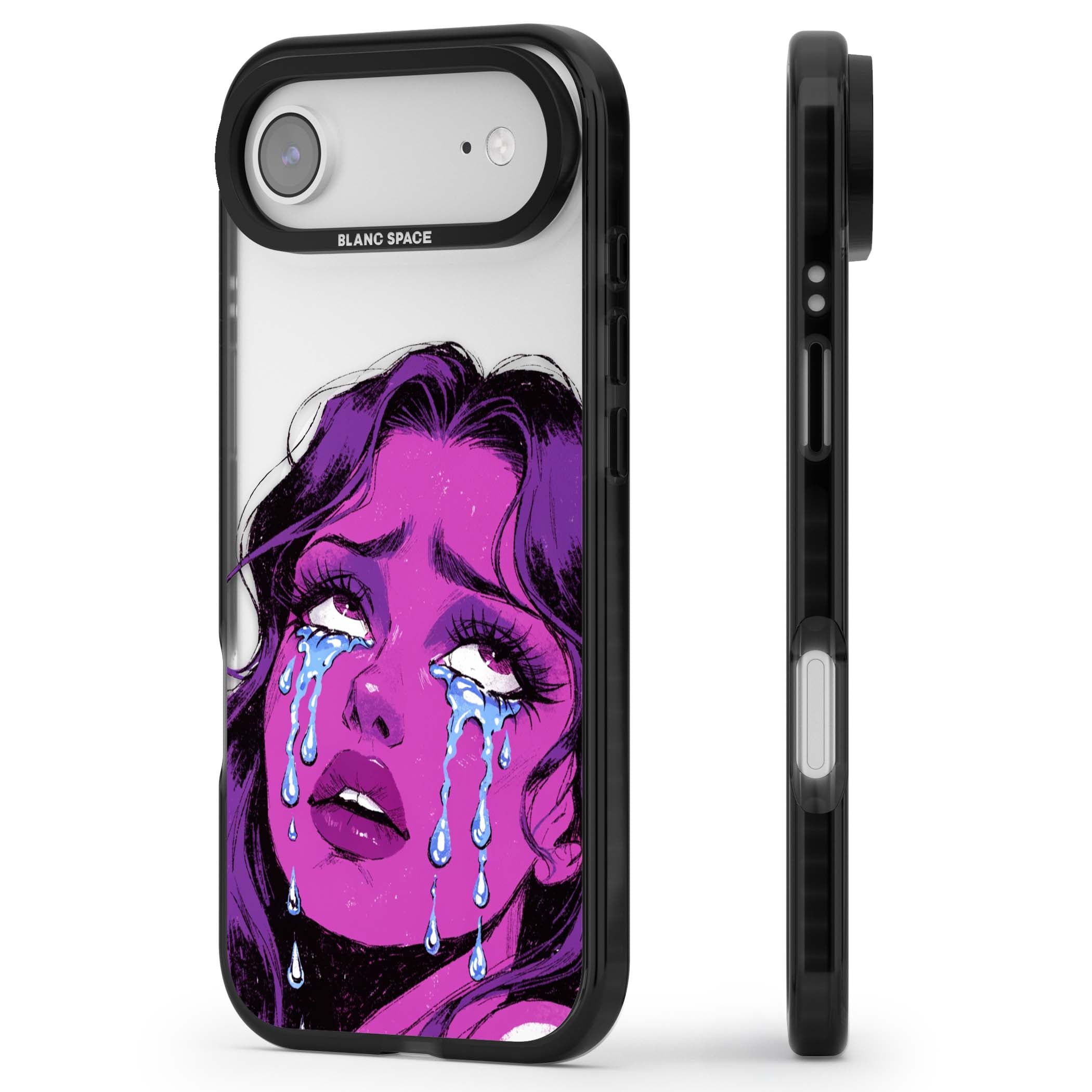 Drama Queen pop art iPhone case featuring a purple crying comic girl with blue tears | Black Impact Magsafe case for iPhone Air
