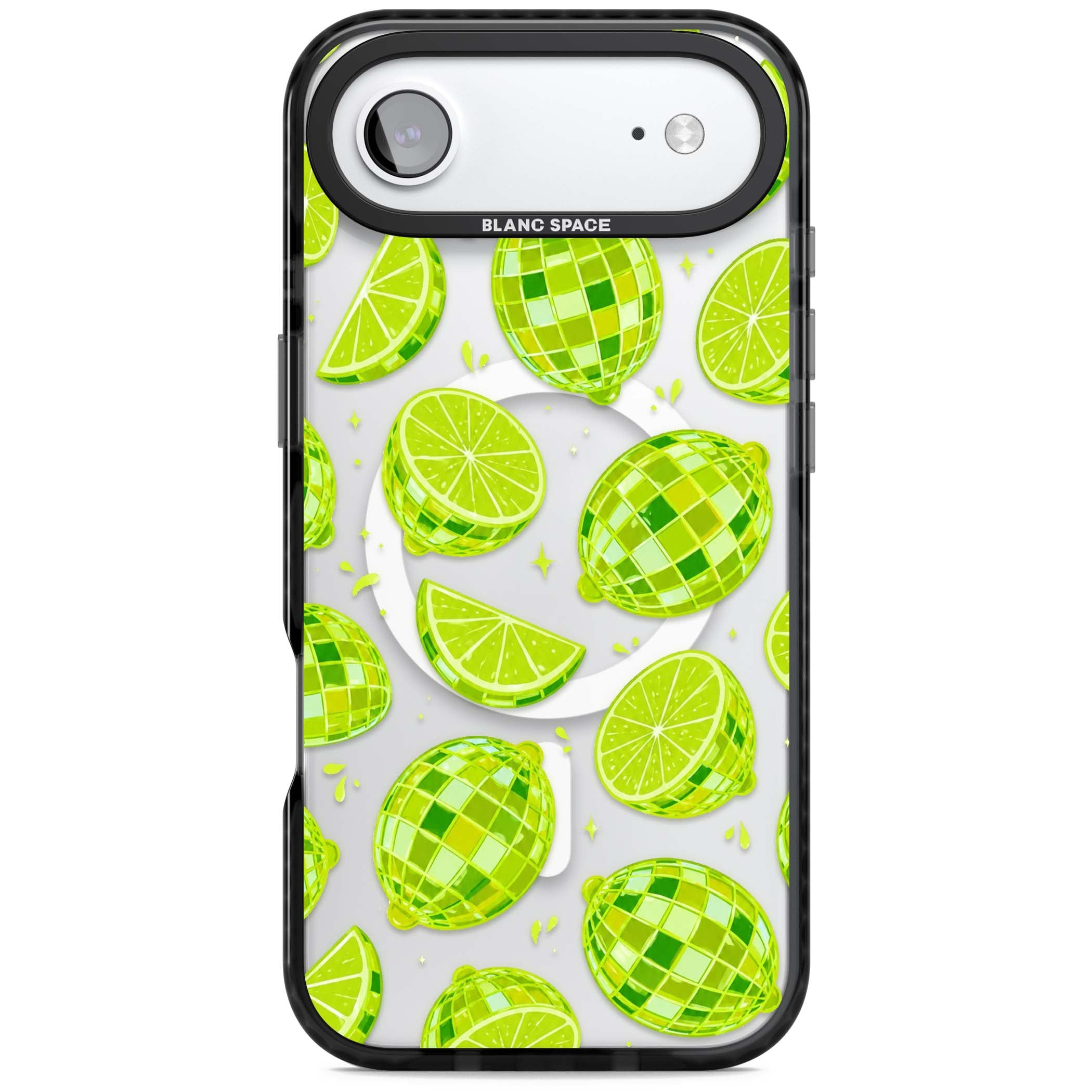 Disco Limes fruit aesthetic iPhone case featuring green disco balls, lime slices and citrus sparkles | Black Impact Magsafe case for iPhone Air