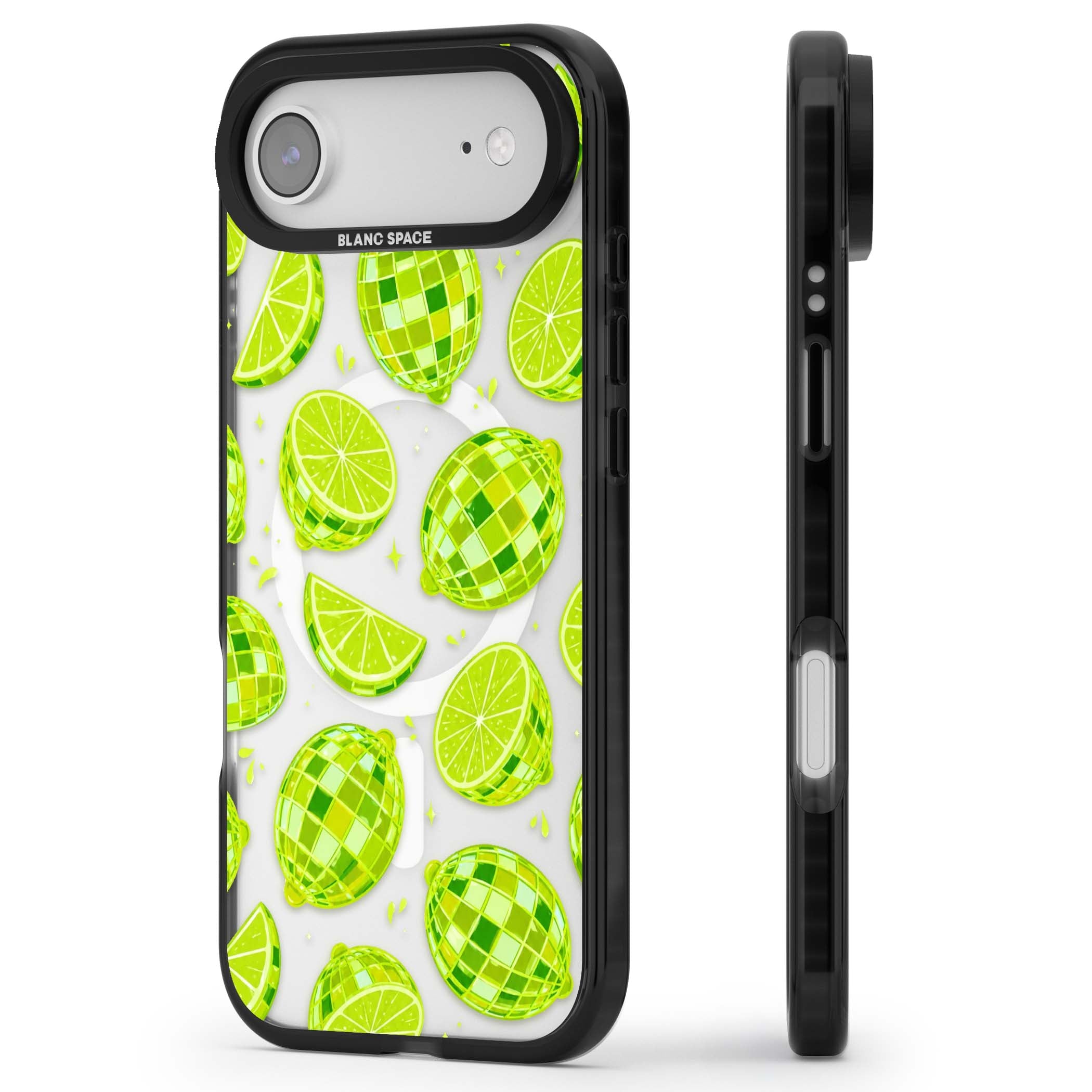 Disco Limes fruit aesthetic iPhone case featuring green disco balls, lime slices and citrus sparkles | Black Impact Magsafe case for iPhone Air