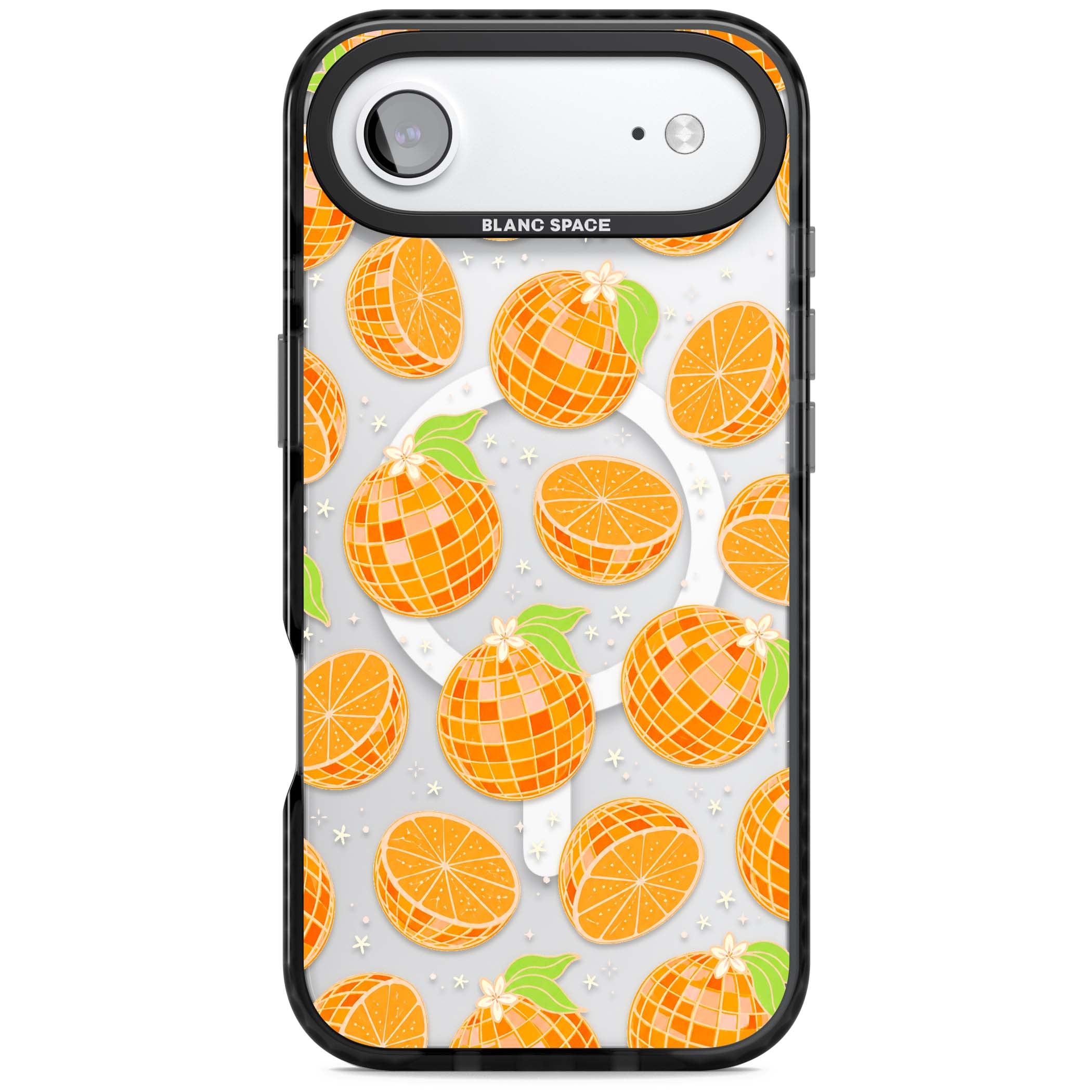 Disco Oranges retro iPhone case featuring mirrorball oranges, citrus slices and tiny blossoms on clear | Black Impact Magsafe case for iPhone Air