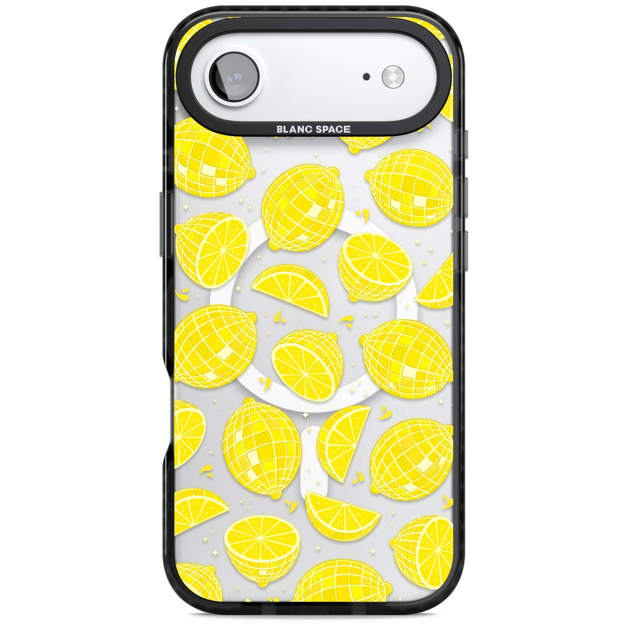 Disco Lemons citrus iPhone case featuring mirrorball lemons, sliced fruit and sparkle accents | Black Impact Magsafe case for iPhone Air
