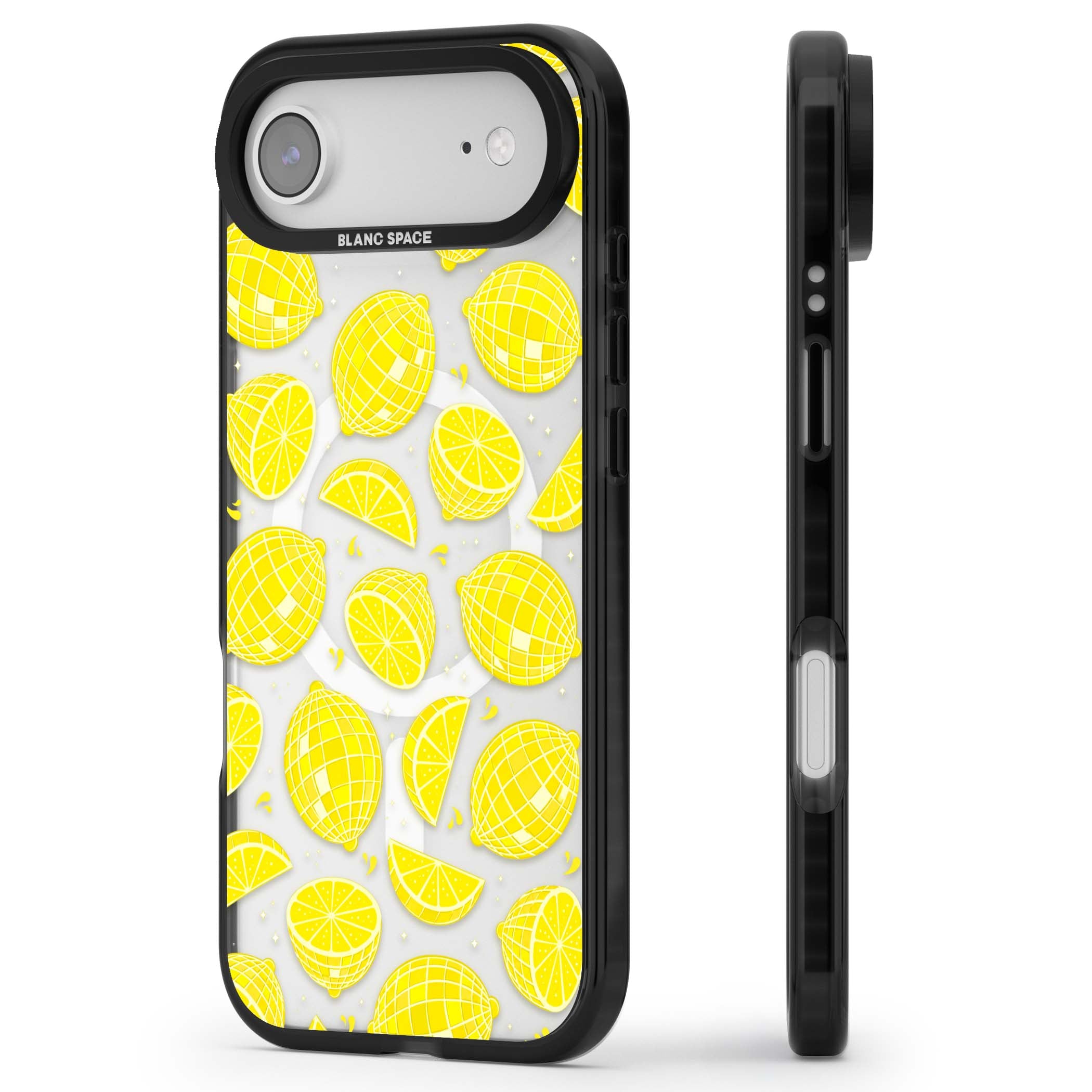 Disco Lemons citrus iPhone case featuring mirrorball lemons, sliced fruit and sparkle accents | Black Impact Magsafe case for iPhone Air