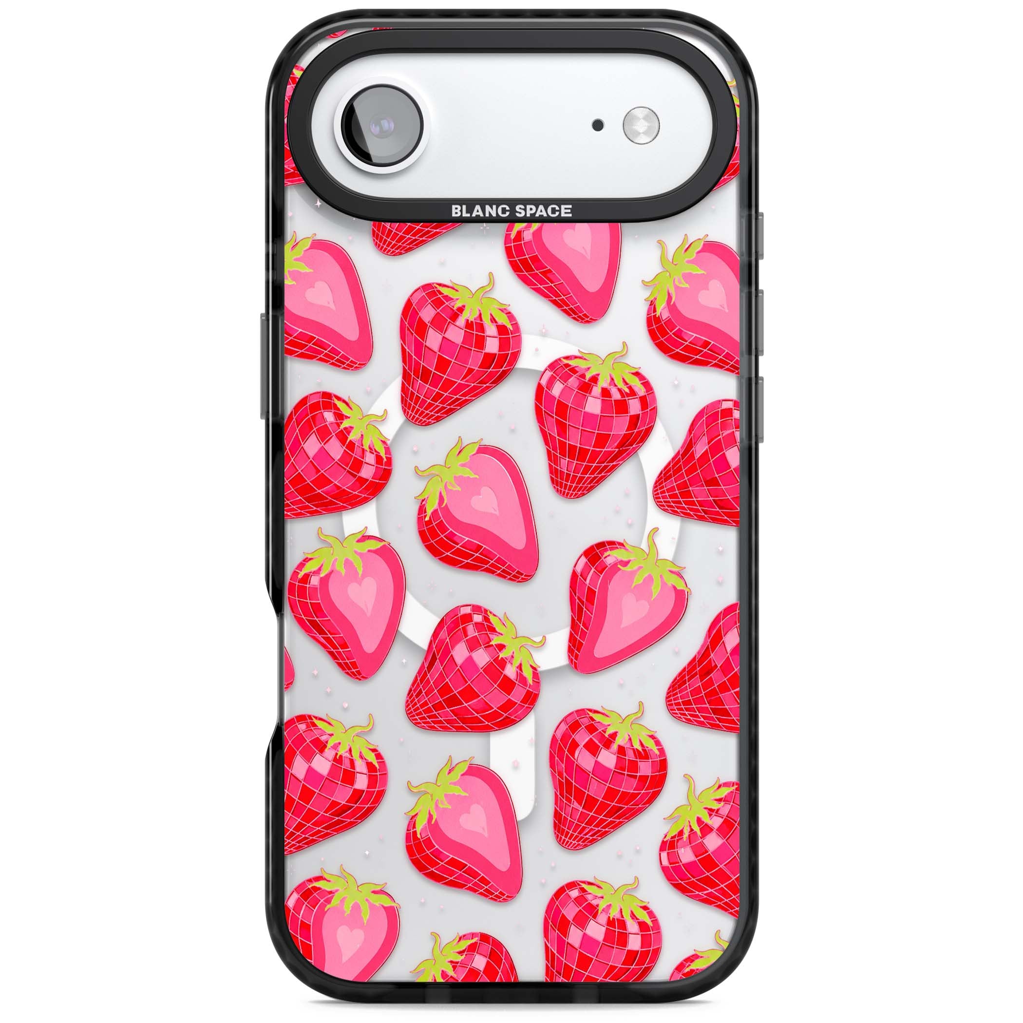 Disco Strawberry Y2K iPhone case featuring pink disco-ball strawberries, green leaves and tiny sparkles | Black Impact Magsafe case for iPhone Air