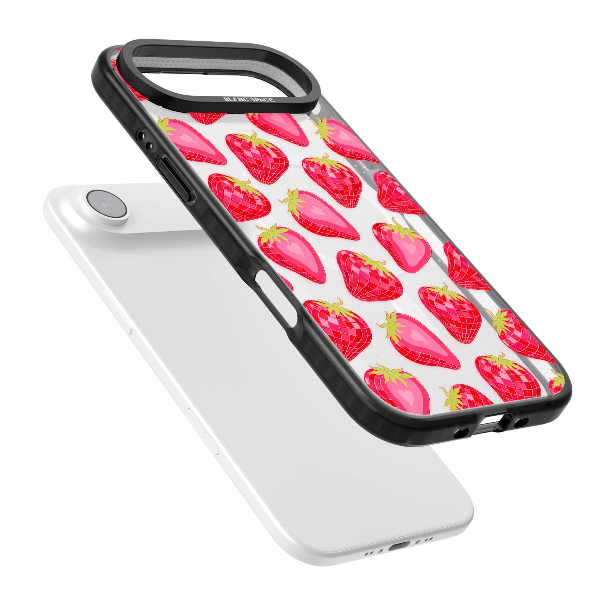 Disco Strawberry Y2K iPhone case featuring pink disco-ball strawberries, green leaves and tiny sparkles | Black Impact Magsafe case for iPhone Air