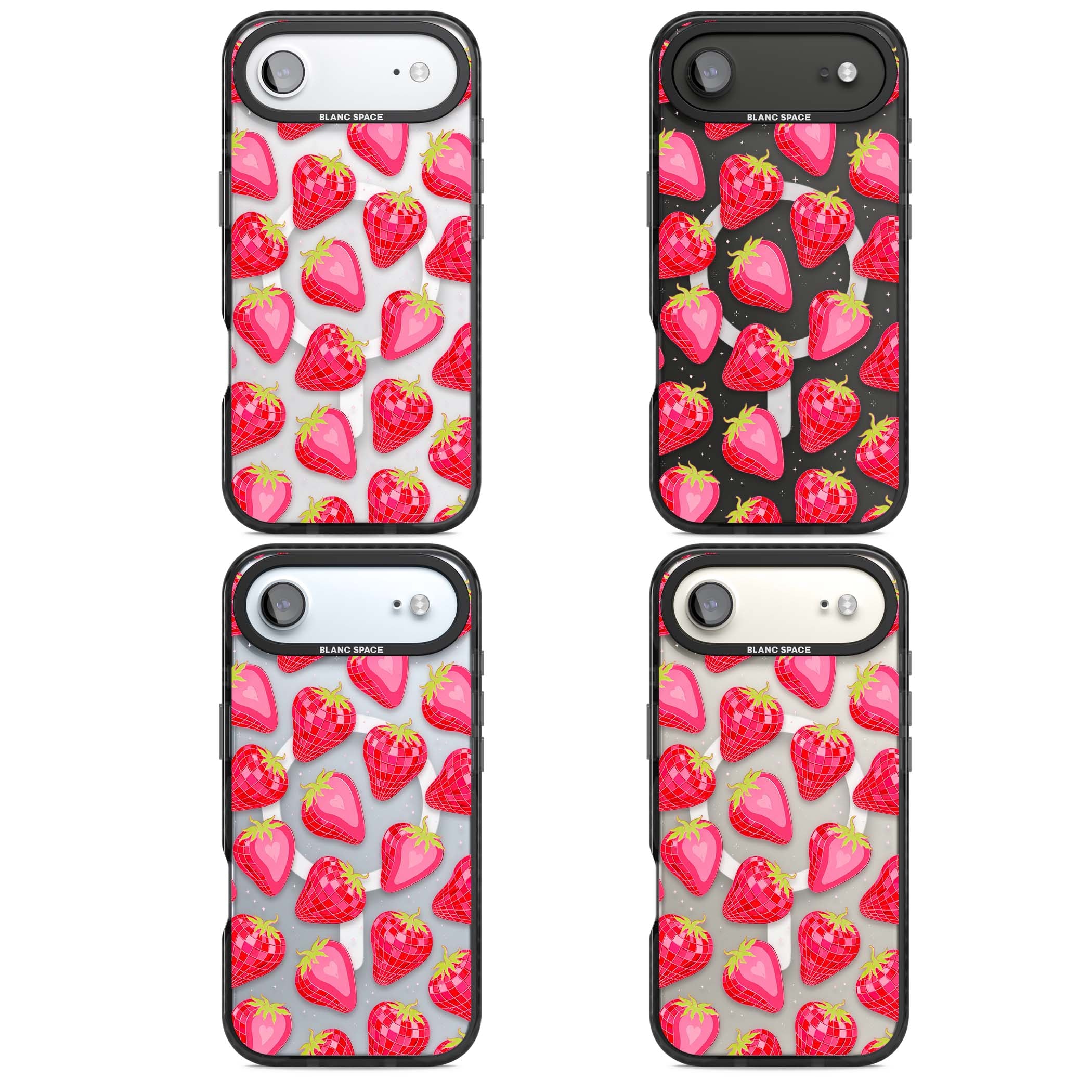 Disco Strawberry Y2K iPhone case featuring pink disco-ball strawberries, green leaves and tiny sparkles | Black Impact Magsafe case for iPhone Air