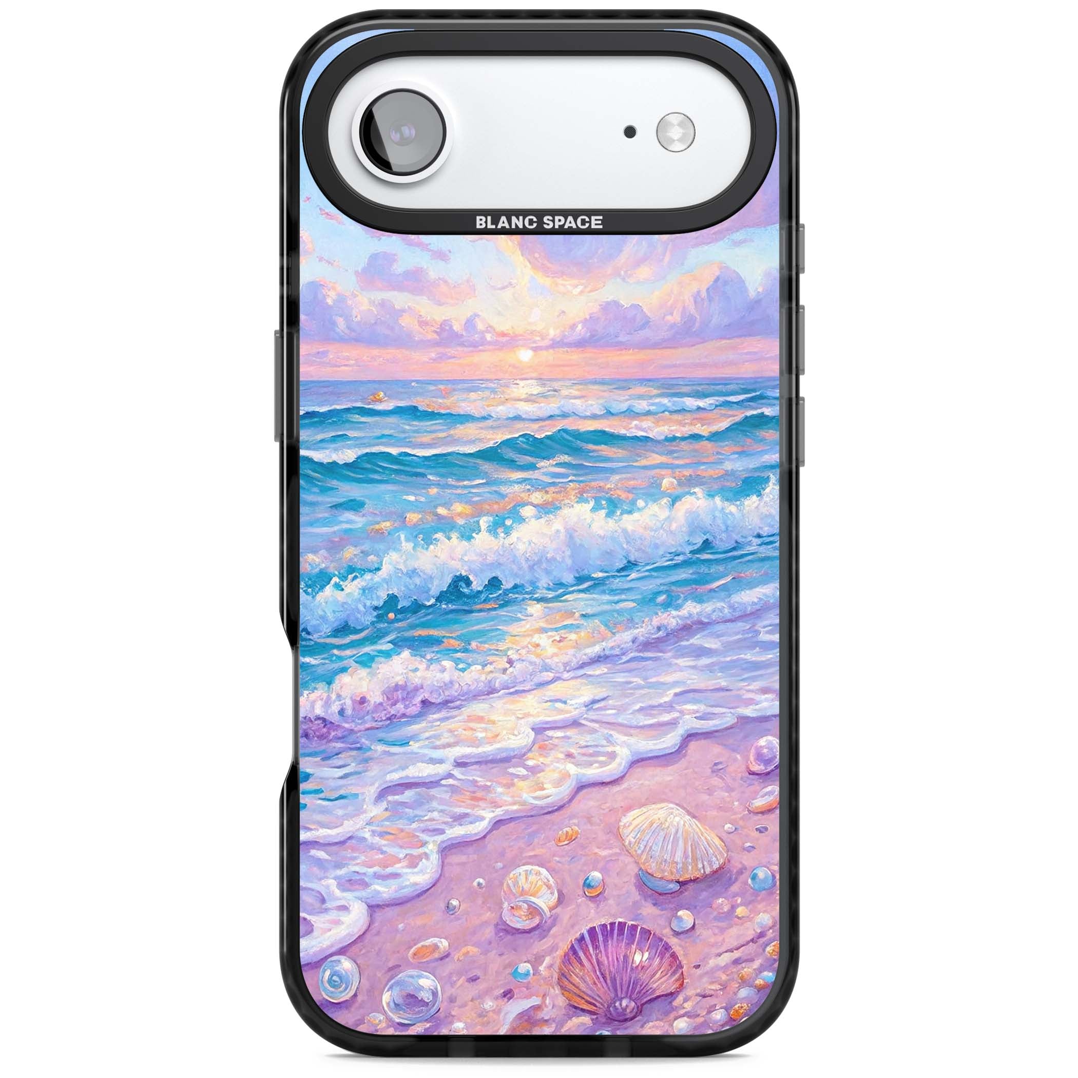 Pearl Shore coastal iPhone case featuring pastel painted waves, seashells, and a sunrise sky over a lavender beach. | Black Impact Magsafe case for iPhone Air