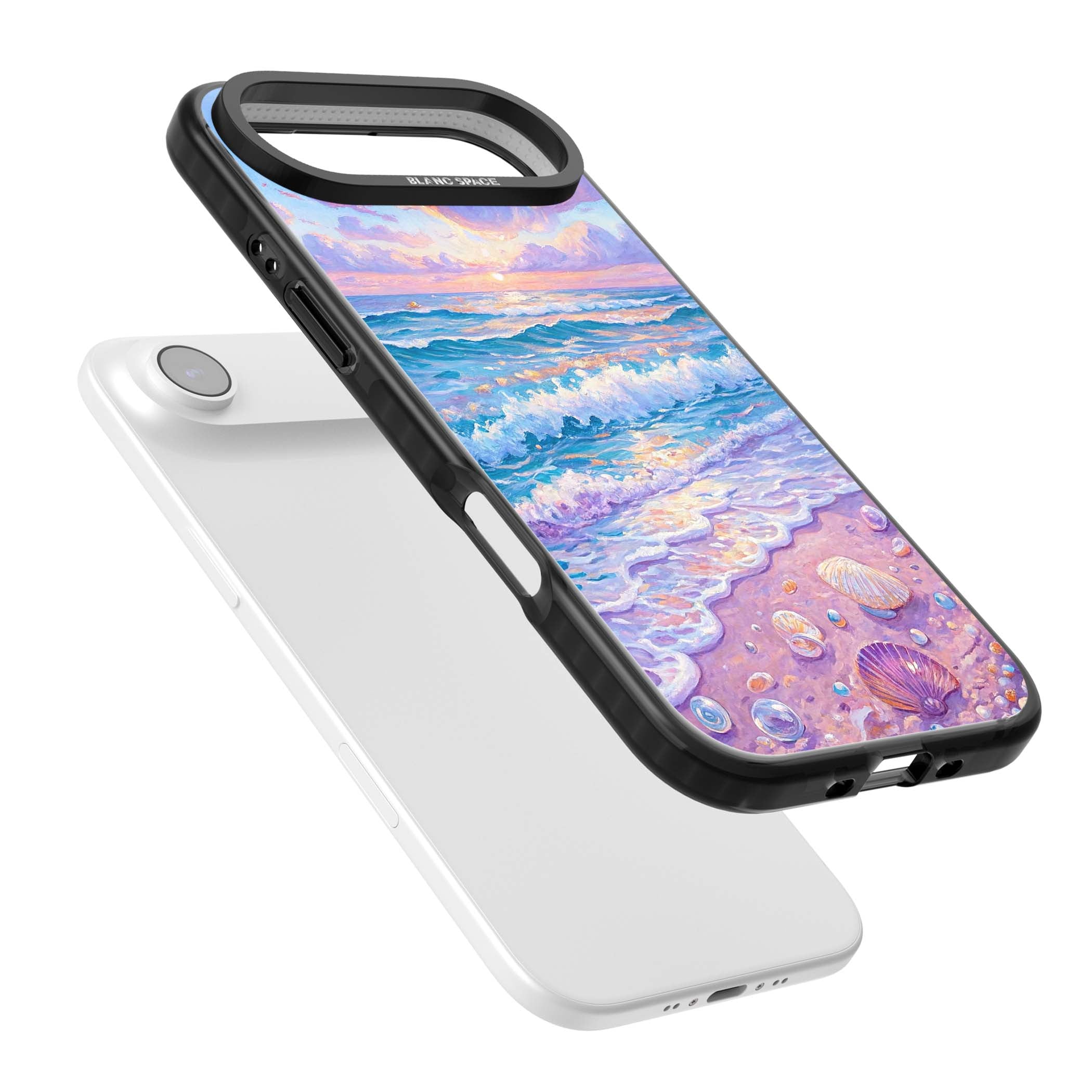 Pearl Shore coastal iPhone case featuring pastel painted waves, seashells, and a sunrise sky over a lavender beach. | Black Impact Magsafe case for iPhone Air