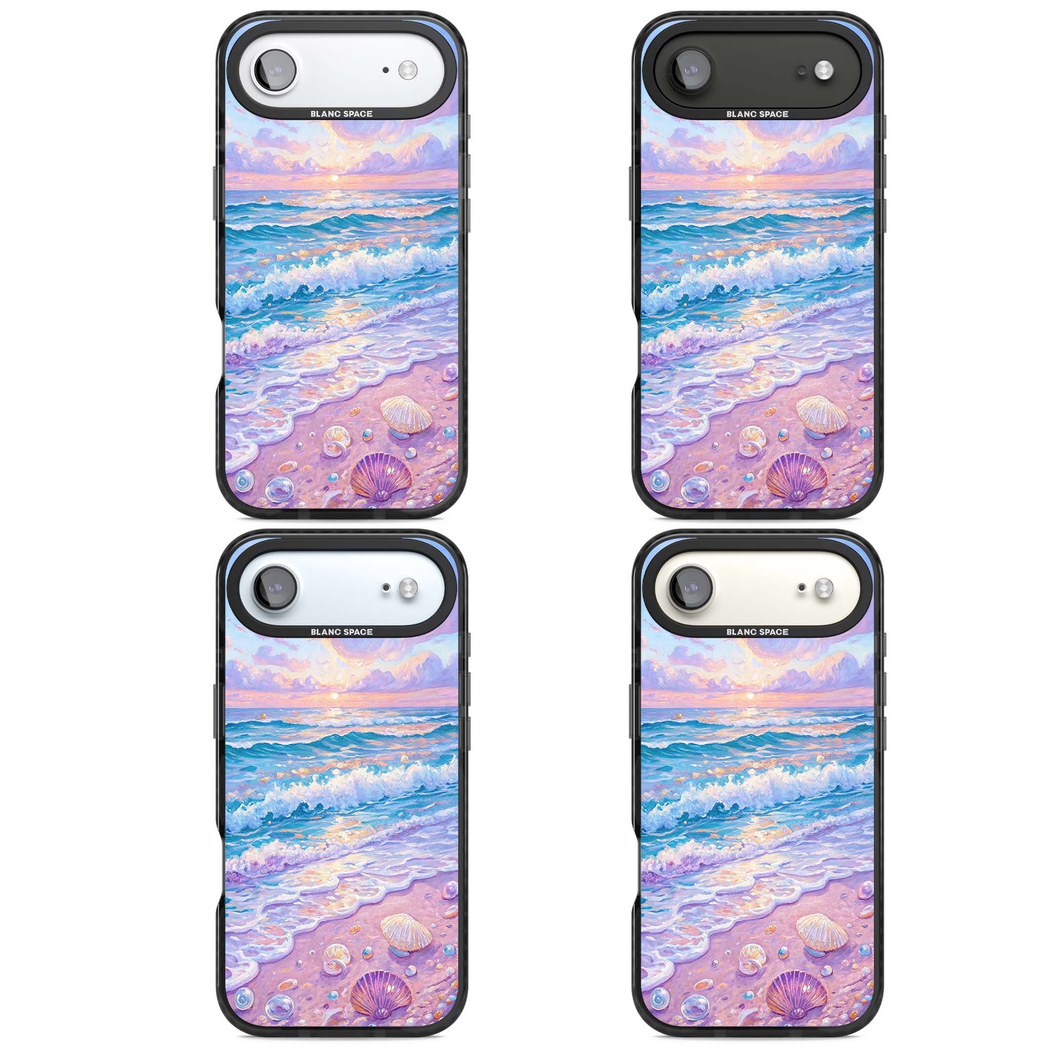 Pearl Shore coastal iPhone case featuring pastel painted waves, seashells, and a sunrise sky over a lavender beach. | Black Impact Magsafe case for iPhone Air