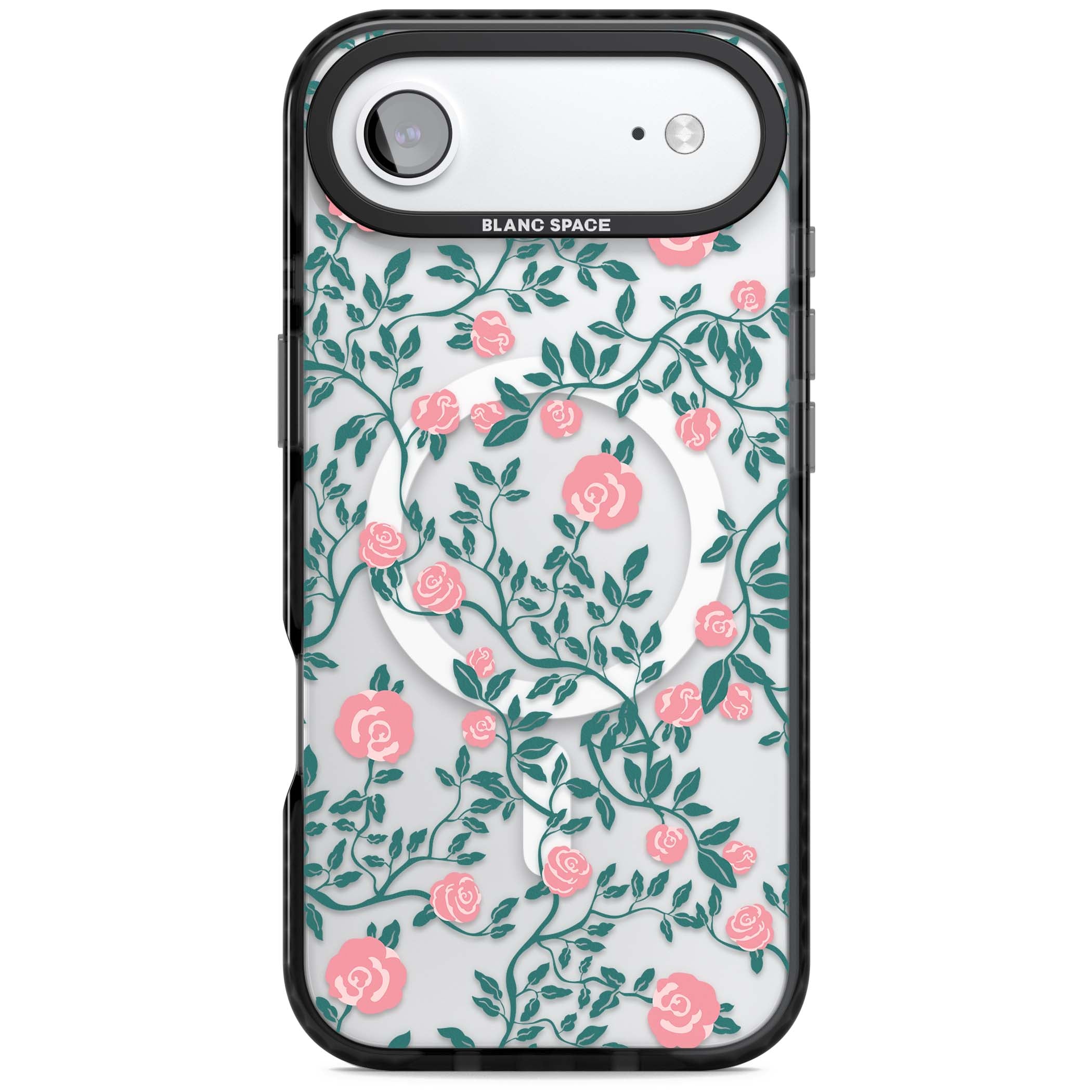 Rose Trellis (Clear) cottagecore iPhone case featuring pink climbing roses and green leaves on clear background | Black Impact Magsafe case for iPhone Air