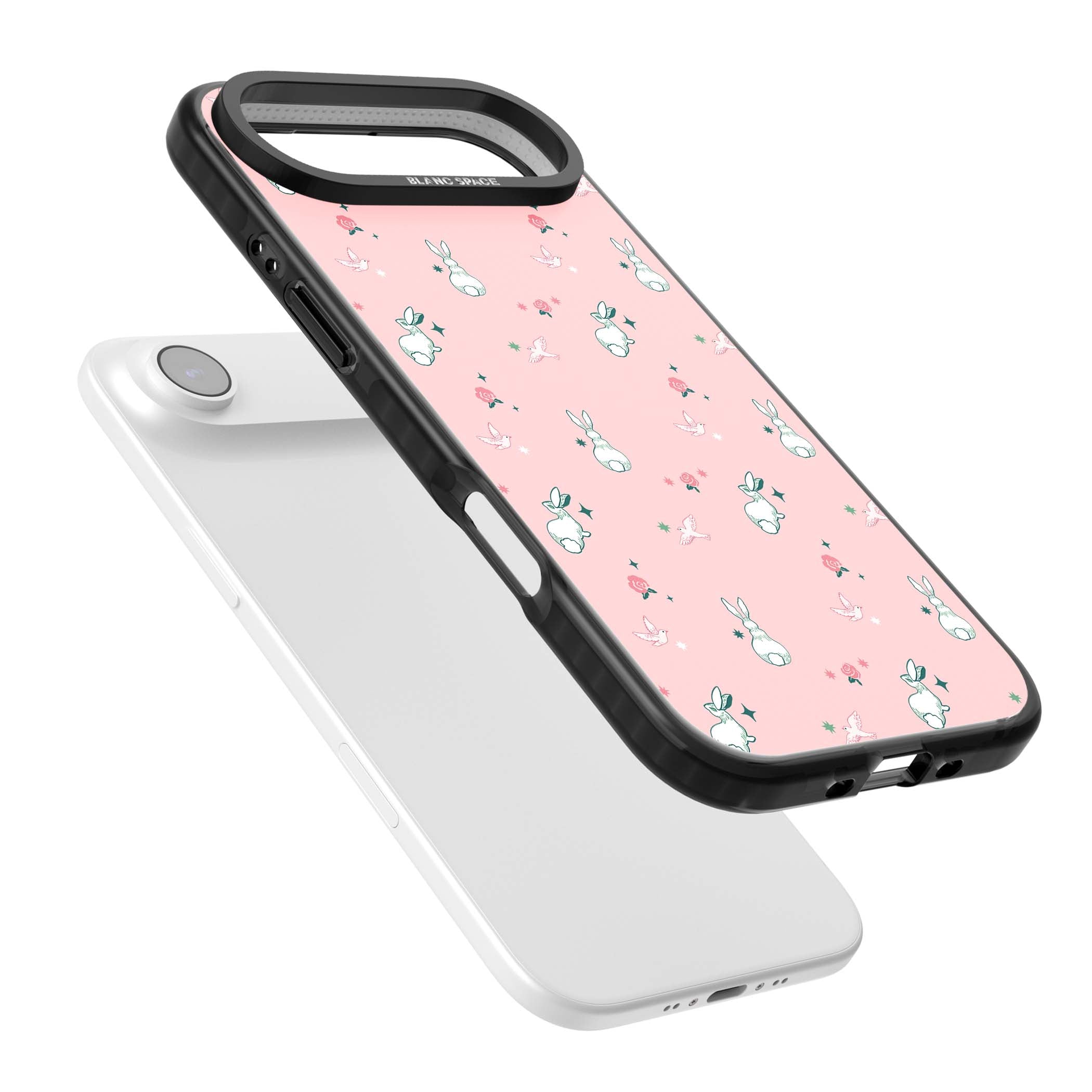 Bunny Garden kawaii iPhone case featuring white rabbits, pink roses, doves and stars on pink background | Black Impact Magsafe case for iPhone Air
