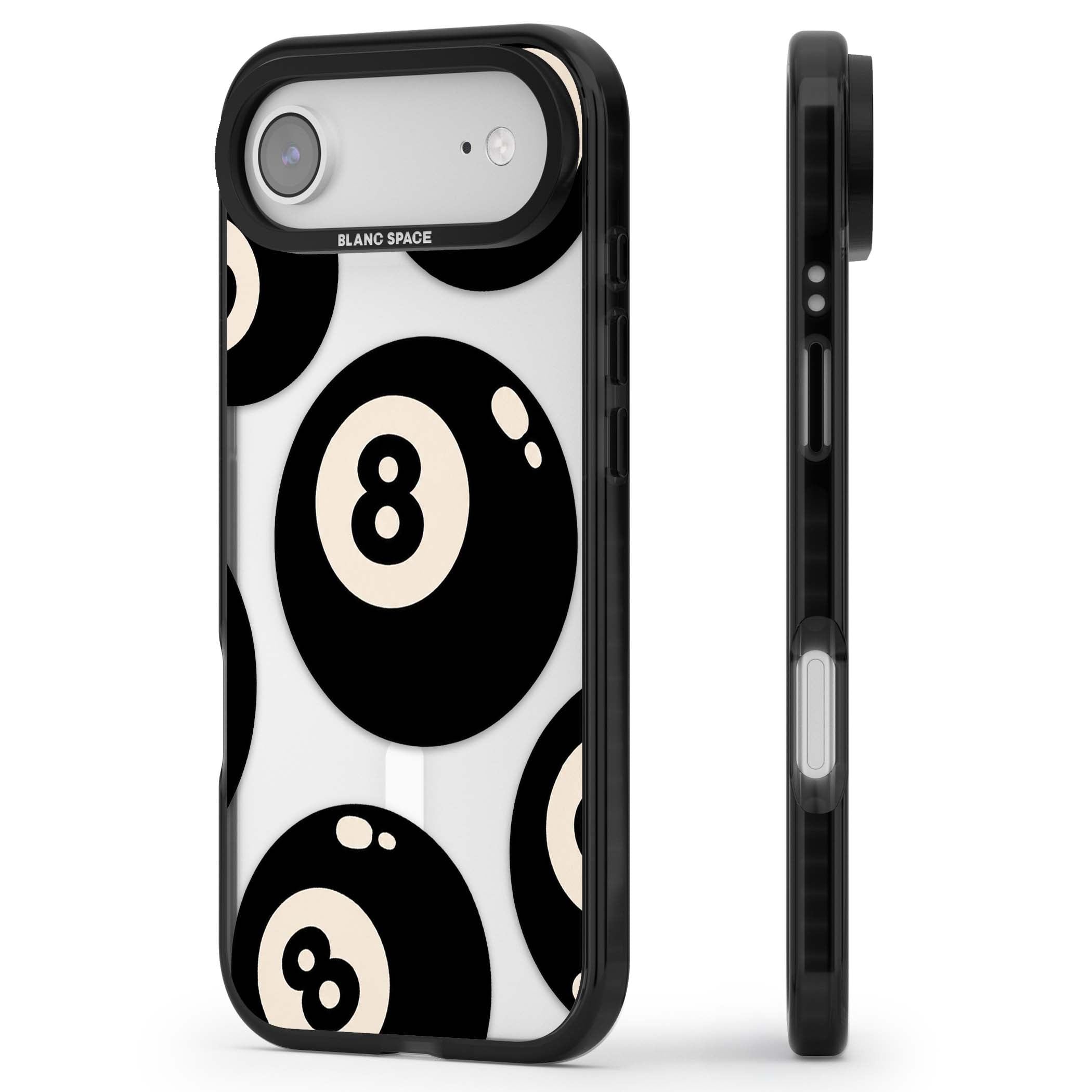 Eights y2k iPhone case featuring scattered black 8 balls with cream highlights on a clear background | Black Impact Magsafe case for iPhone Air