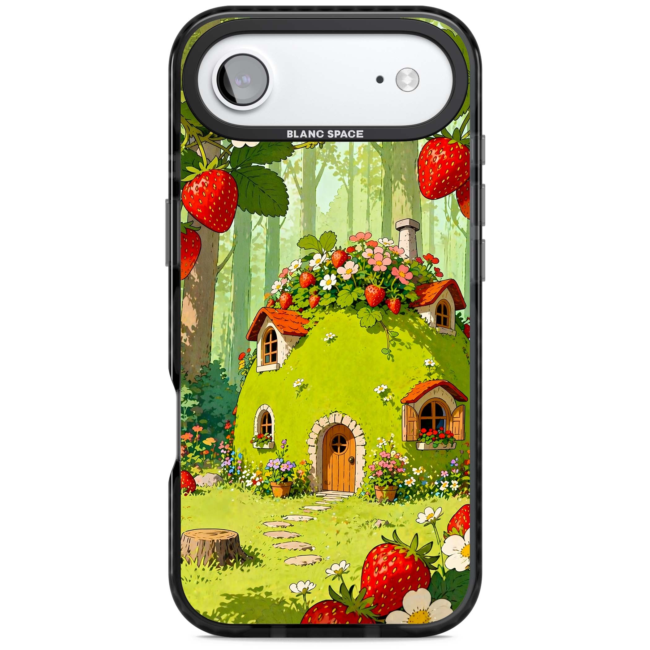 Strawberry Cottage cottagecore iPhone case featuring a green fairy house, wild strawberries and enchanted forest flowers | Black Impact Magsafe case for iPhone Air