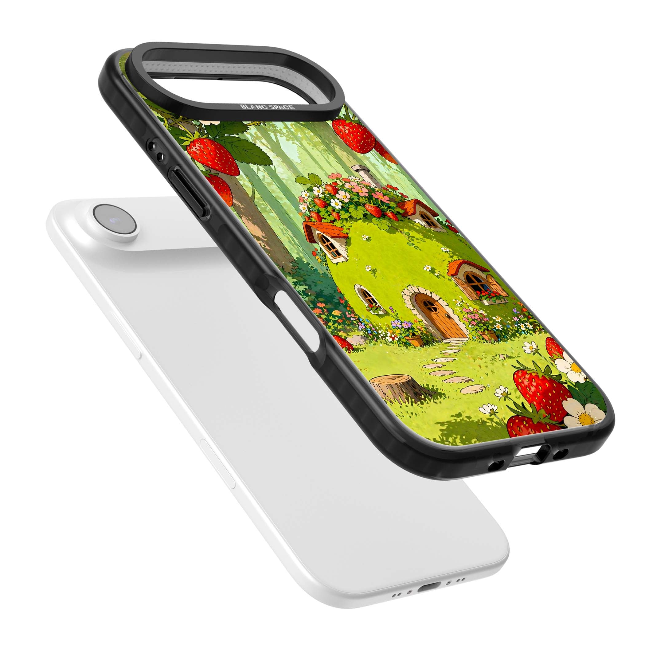 Strawberry Cottage cottagecore iPhone case featuring a green fairy house, wild strawberries and enchanted forest flowers | Black Impact Magsafe case for iPhone Air