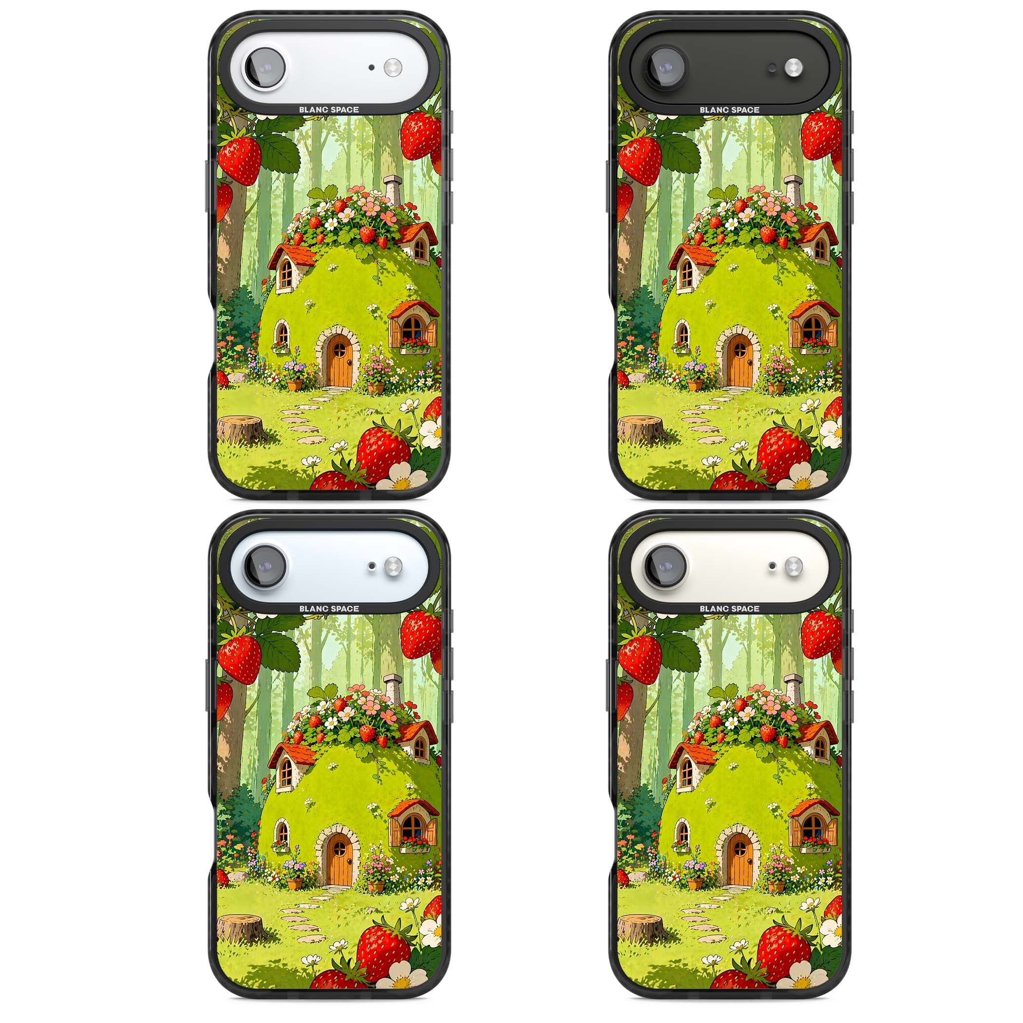 Strawberry Cottage cottagecore iPhone case featuring a green fairy house, wild strawberries and enchanted forest flowers | Black Impact Magsafe case for iPhone Air