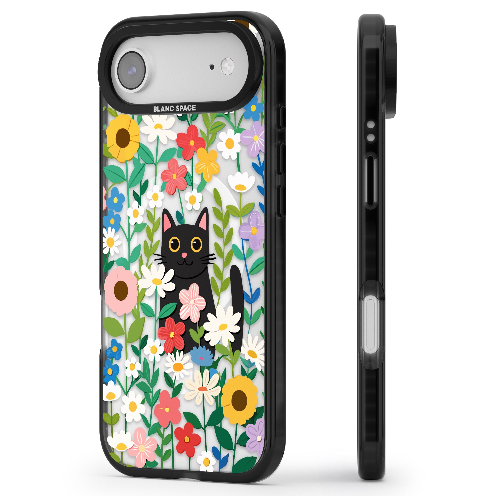 Whiskers & Wildflowers Cat iPhone 17 Air Impact Pro Black Phone Case Side Profile
