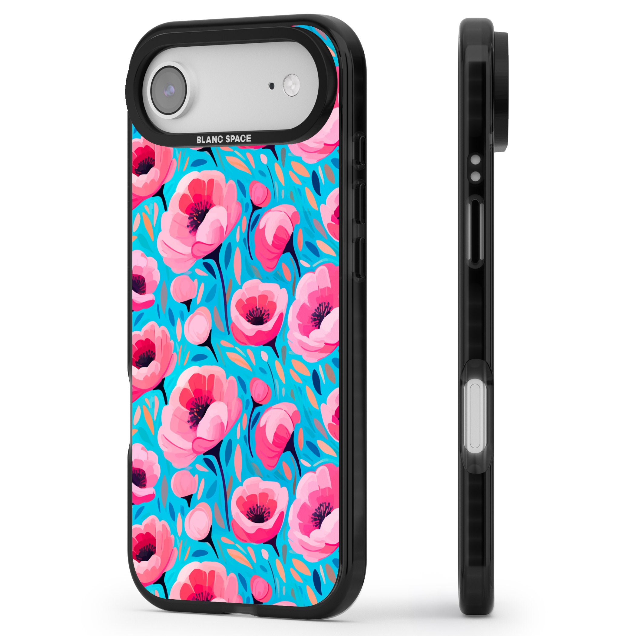 Tropical Pink Poppies iPhone 17 Air Impact Pro Black Phone Case Side Profile
