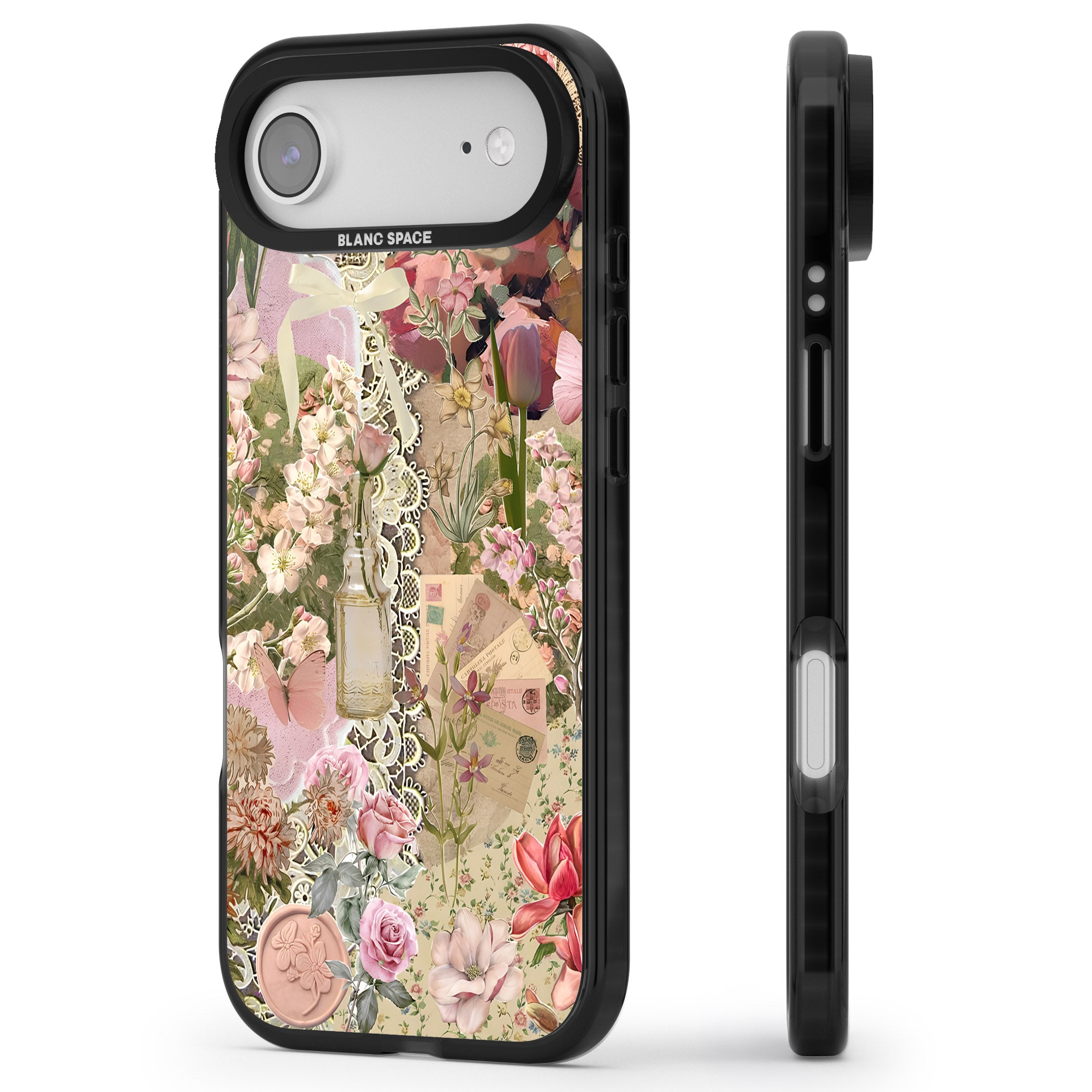 Soft Pink Flower Collage iPhone 17 Air Impact Pro Black Phone Case Side Profile