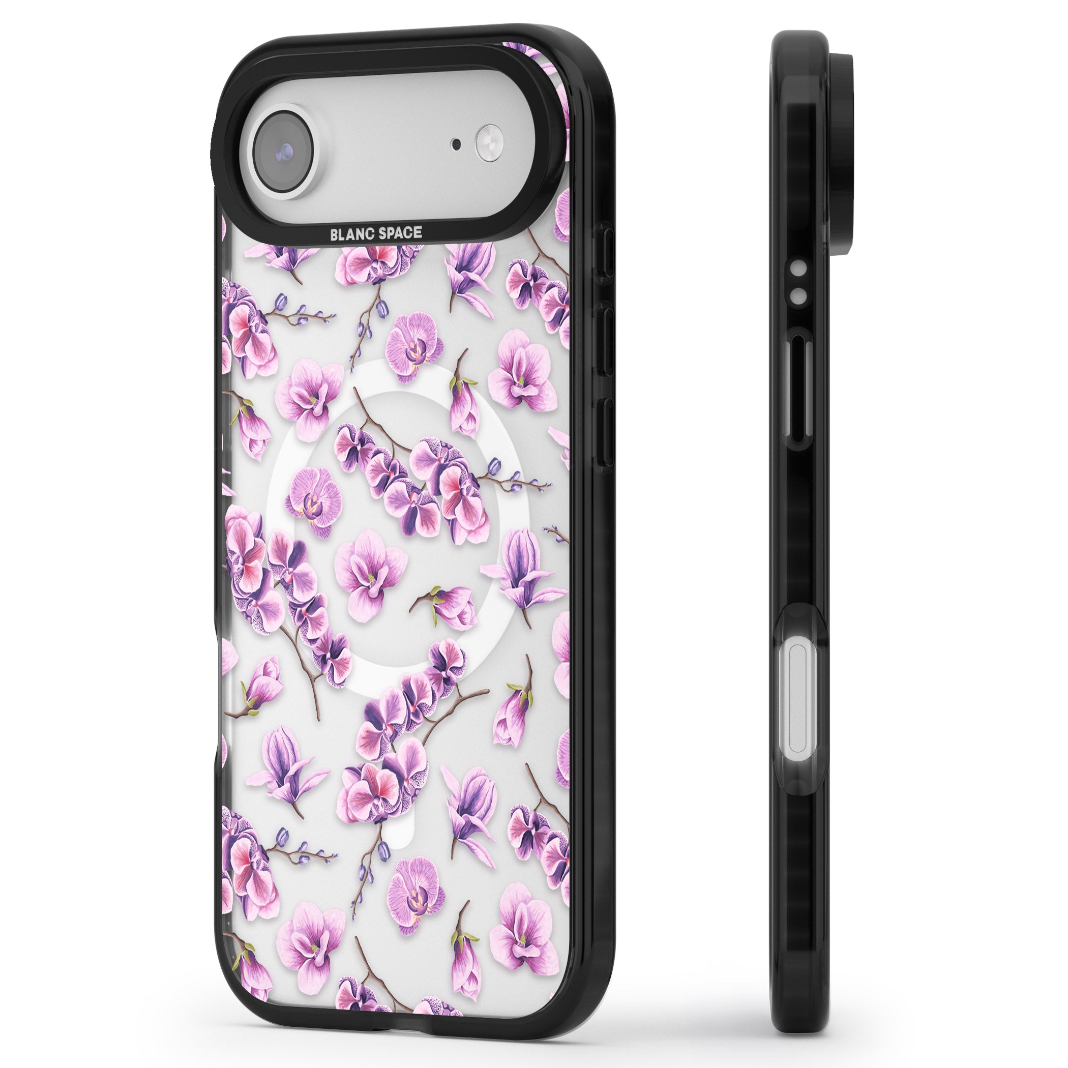 Purple Orchids Floral iPhone 17 Air Impact Pro Black Phone Case Side Profile