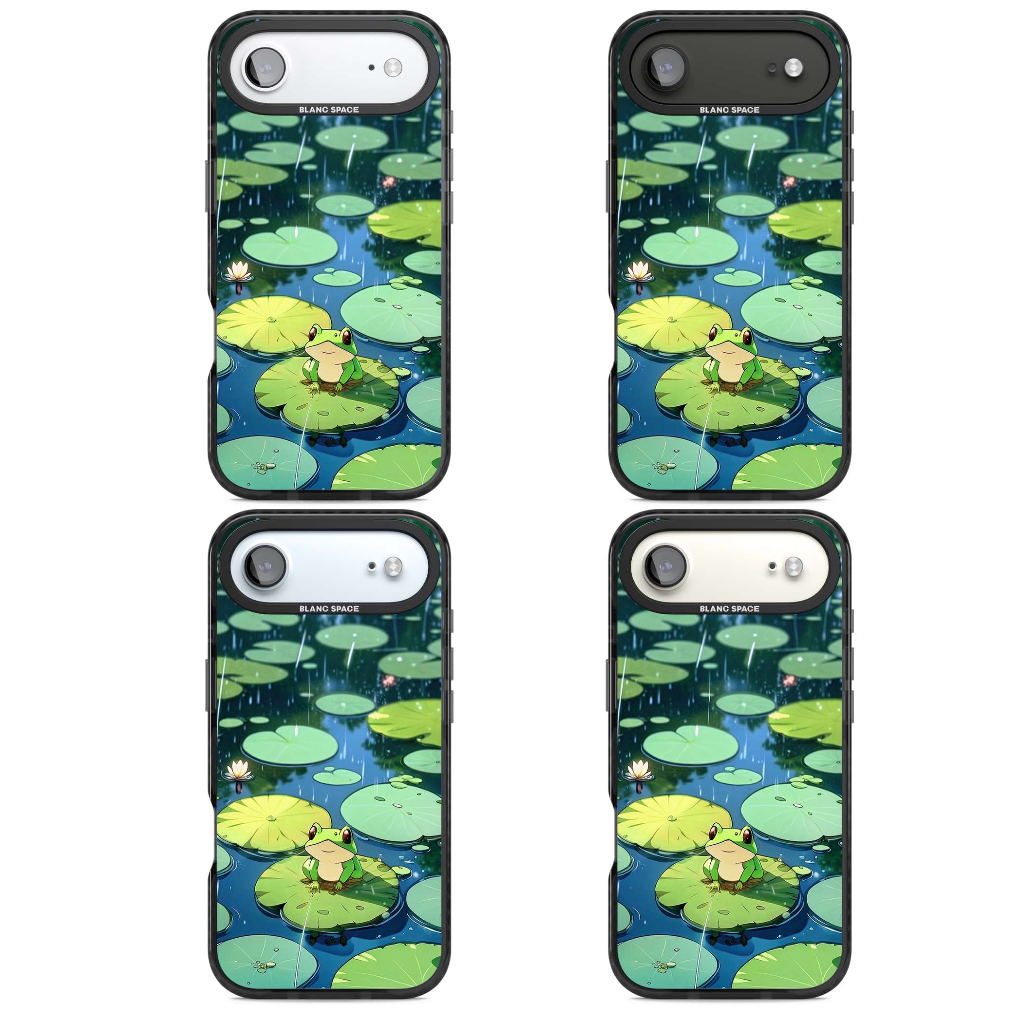Frog In Lily Pond cottagecore iPhone case featuring a cute green frog on a lily pad with falling rain and a lotus flower | Black Impact Magsafe case for iPhone Air