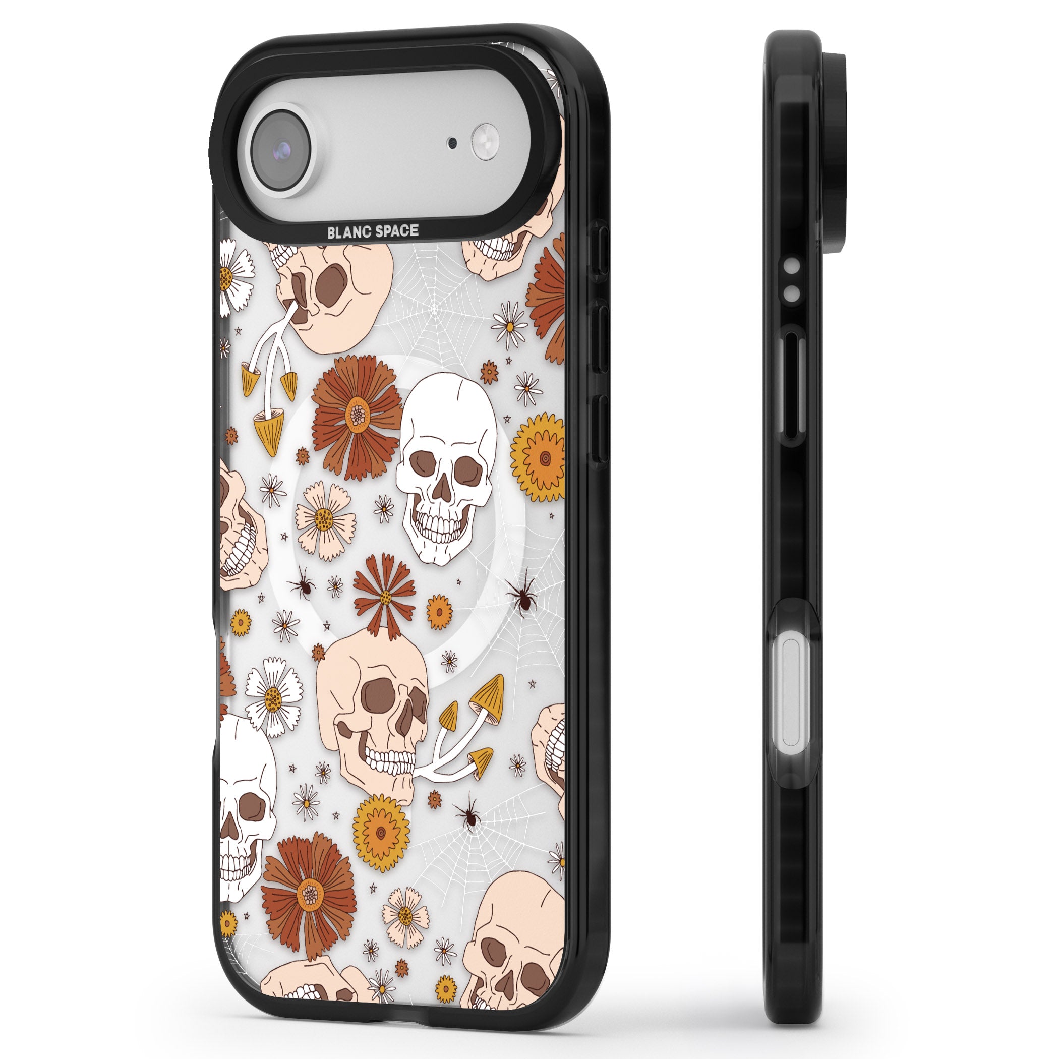 Halloween Skulls And Flowers iPhone 17 Air Impact Pro Black Phone Case Side Profile