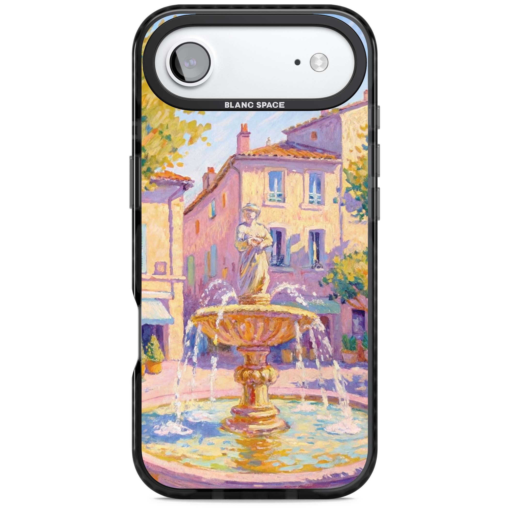 Fountain Square fine art iPhone case featuring an impressionist Provençal fountain, pastel village buildings and summe | Black Impact Magsafe case for iPhone Air